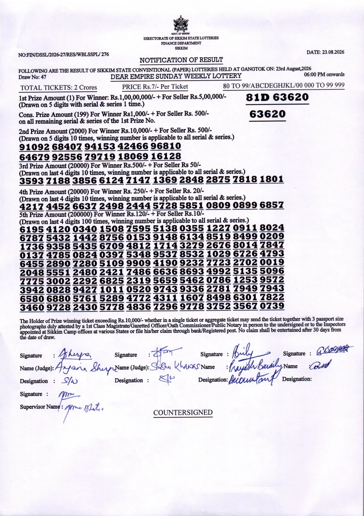 Dear Lottery result sheet 6:00 PM 23-08-2026