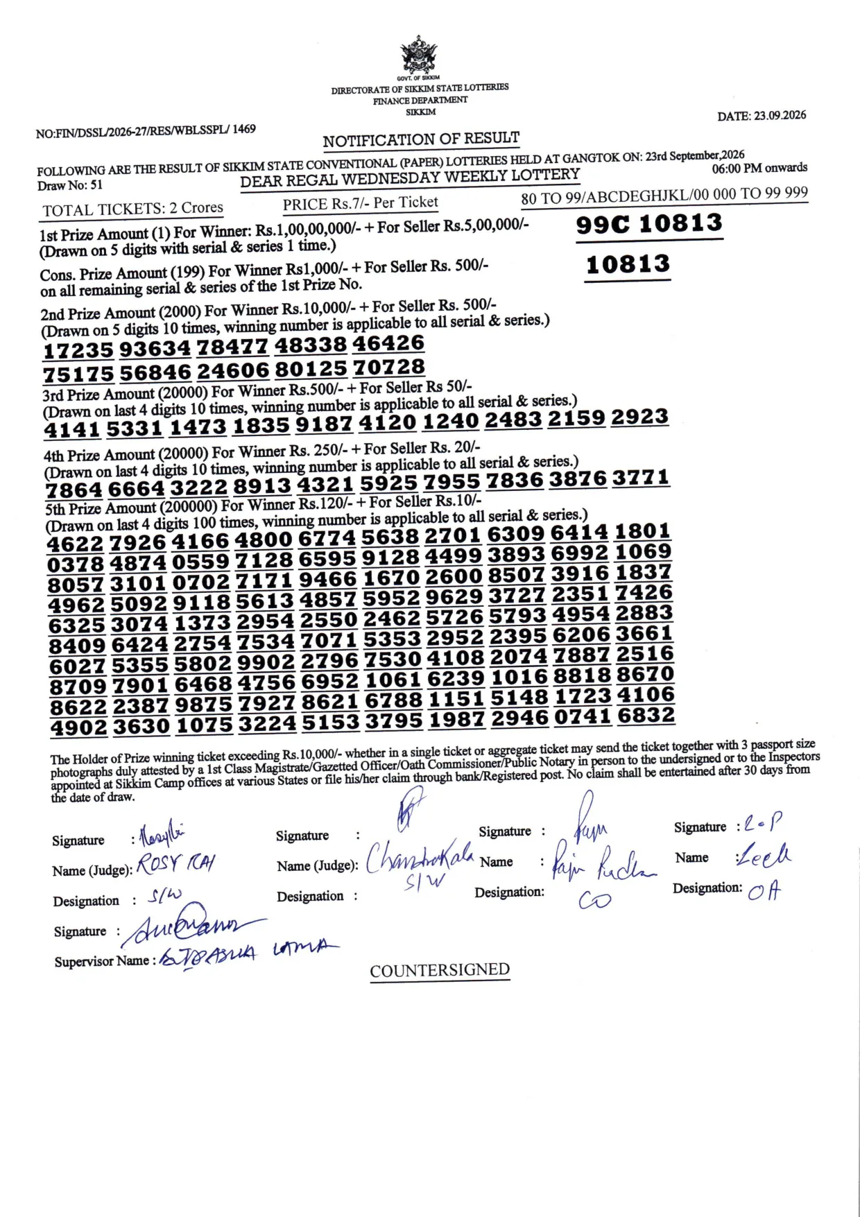 Dear Lottery result sheet 6:00 PM 23-09-2026