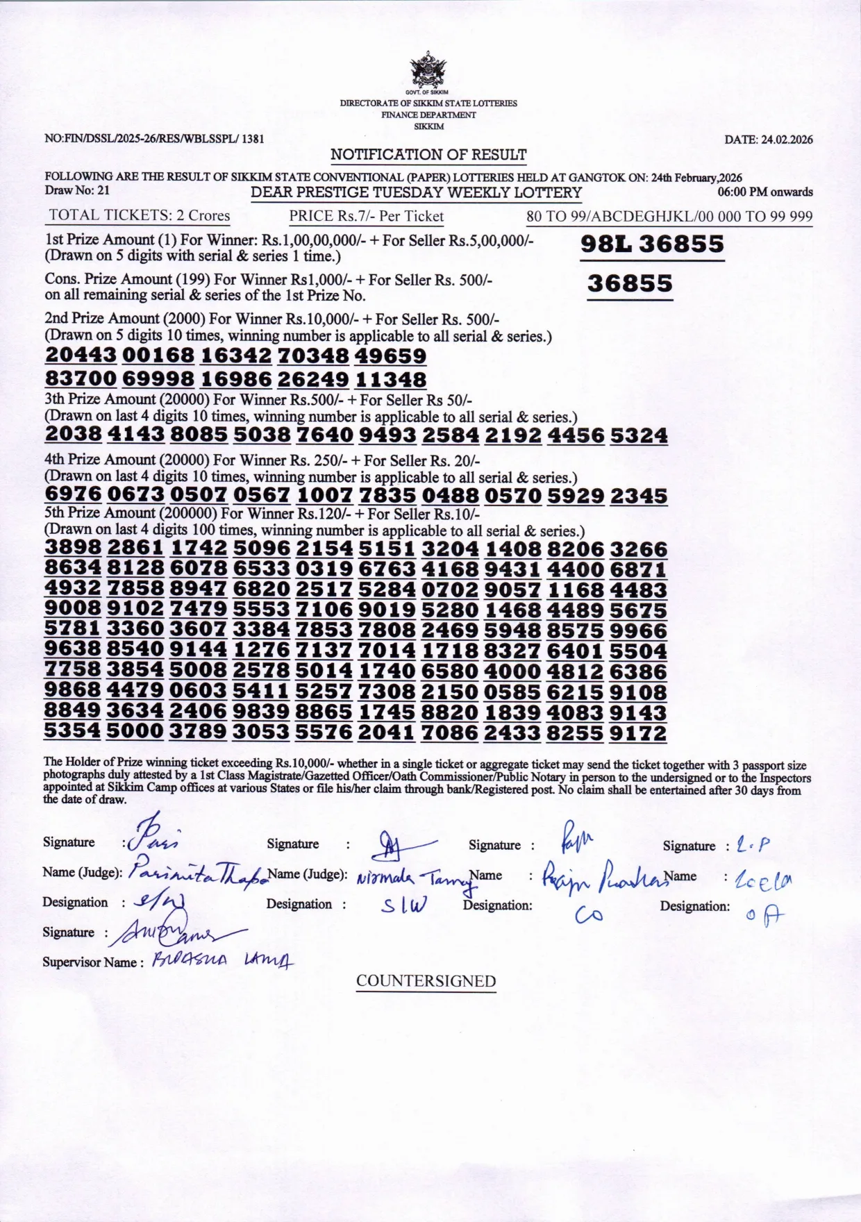 Dear Lottery result sheet 6:00 PM 24-02-2026