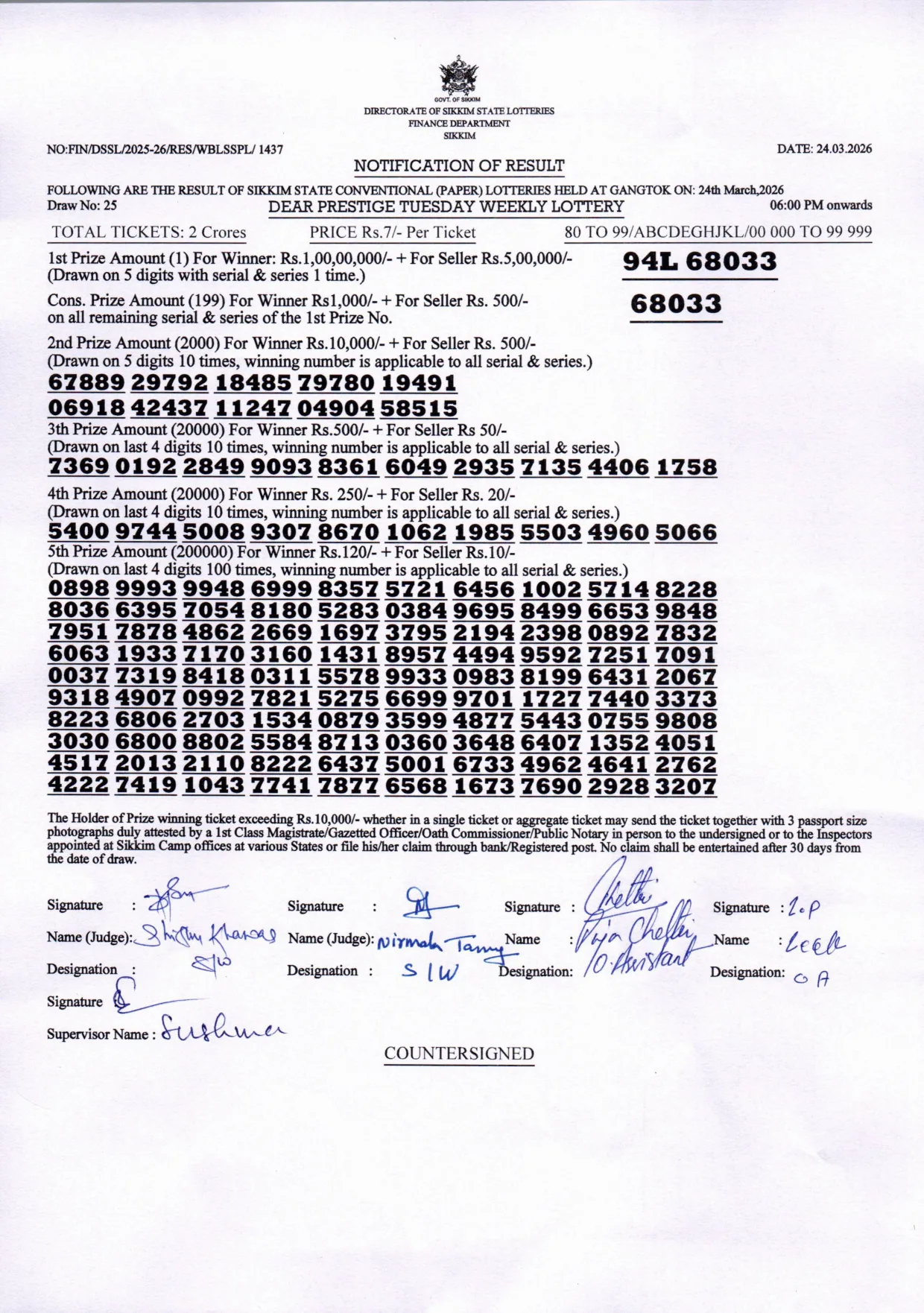 Dear Lottery result sheet 6:00 PM 24-03-2026