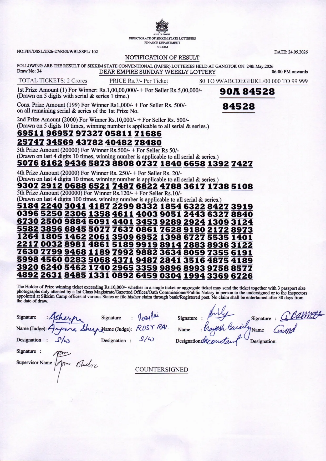 Dear Lottery result sheet 6:00 PM 24-05-2026