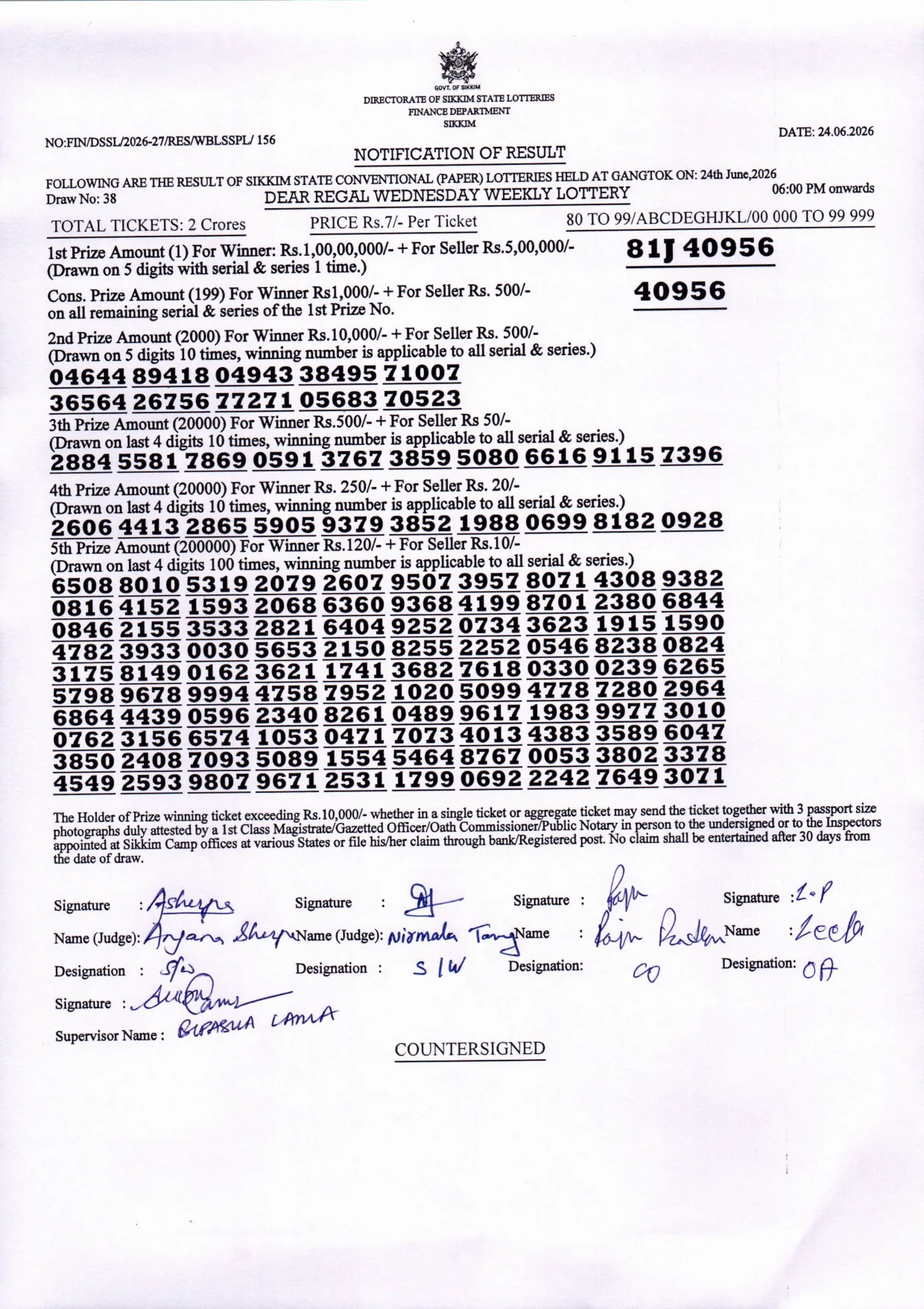 Dear Lottery result sheet 6:00 PM 24-06-2026