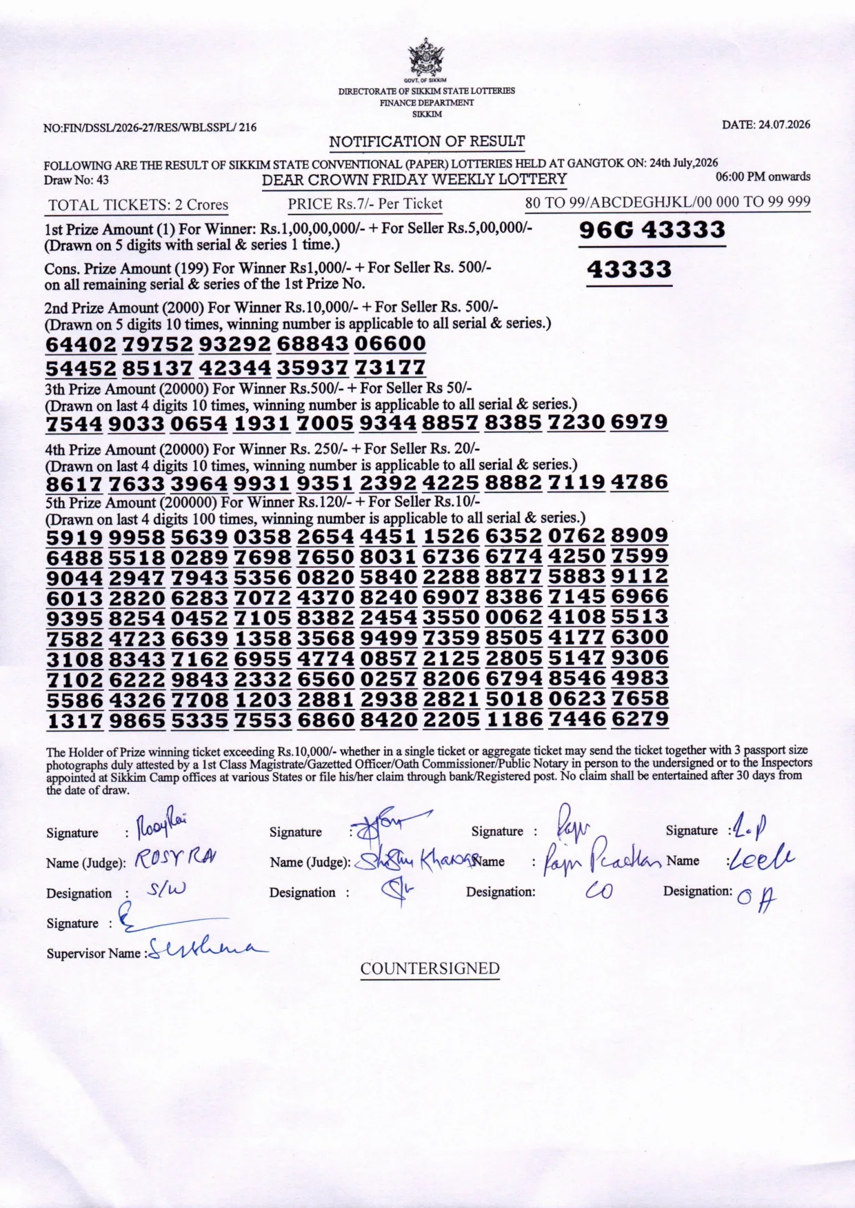 Dear Lottery result sheet 6:00 PM 24-07-2026