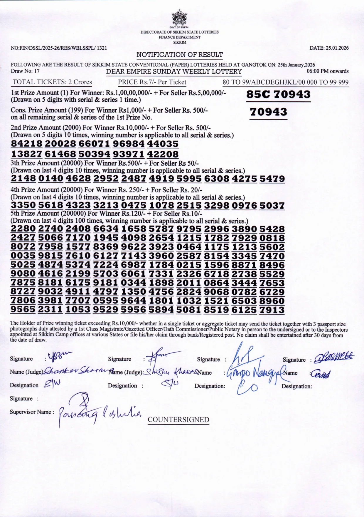 Dear Lottery result sheet 6:00 PM 25-01-2026