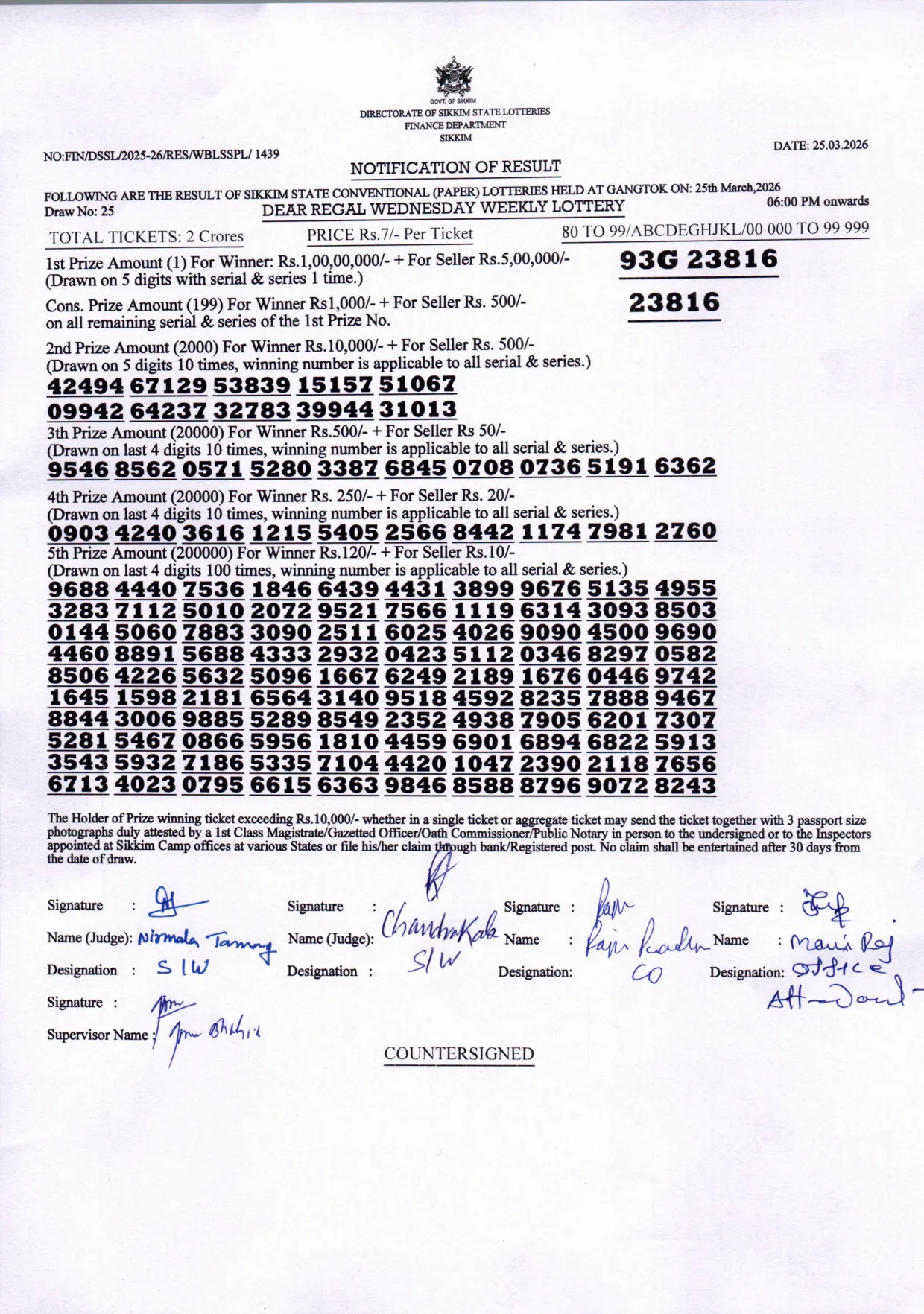 Dear Lottery result sheet 6:00 PM 25-03-2026