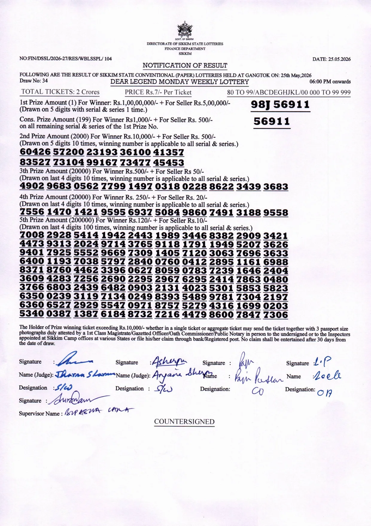 Dear Lottery result sheet 6:00 PM 25-05-2026