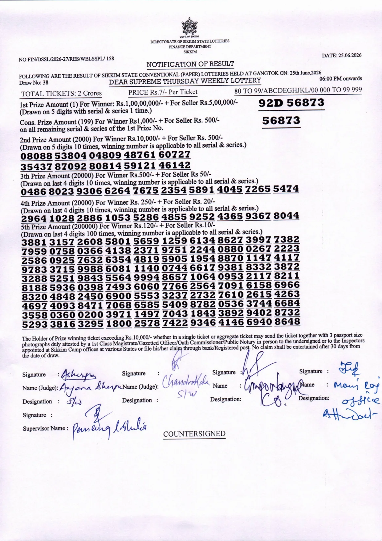 Dear Lottery result sheet 6:00 PM 25-06-2026