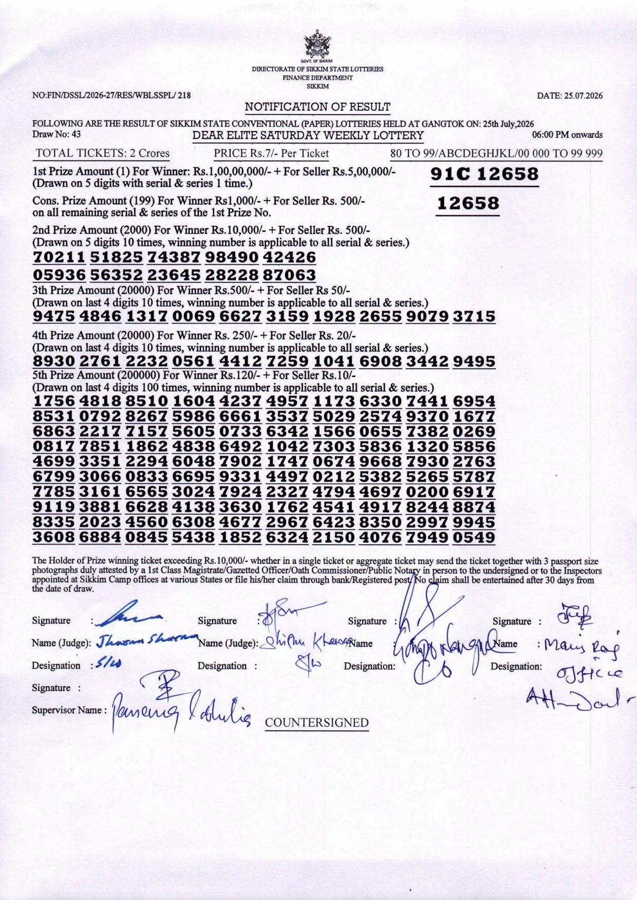 Dear Lottery result sheet 6:00 PM 25-07-2026