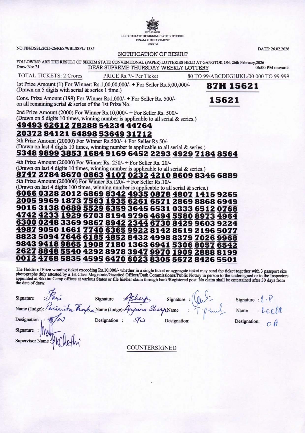 Dear Lottery result sheet 6:00 PM 26-02-2026