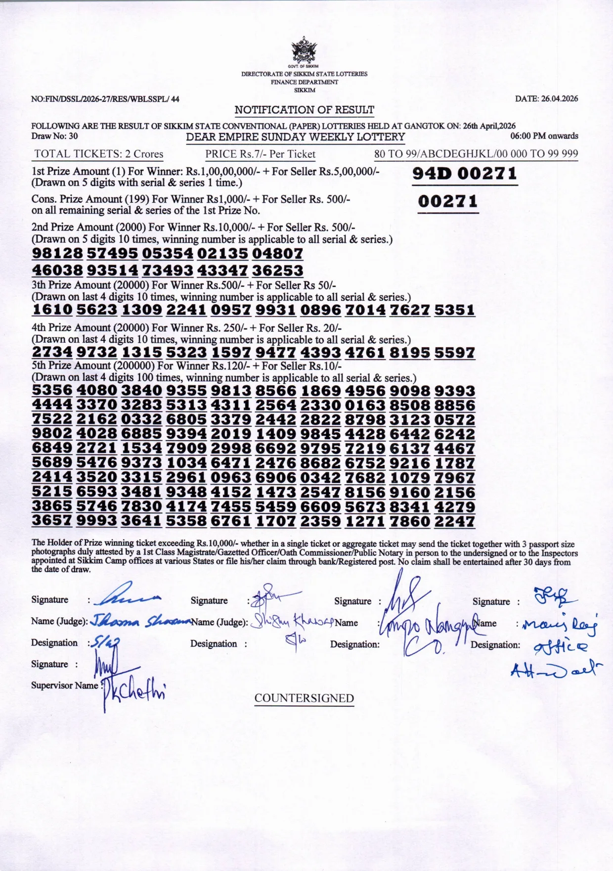 Dear Lottery result sheet 6:00 PM 26-04-2026