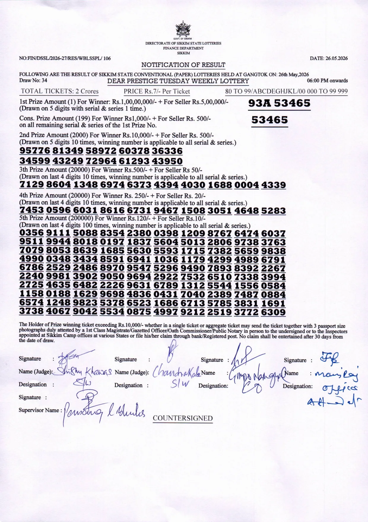 Dear Lottery result sheet 6:00 PM 26-05-2026