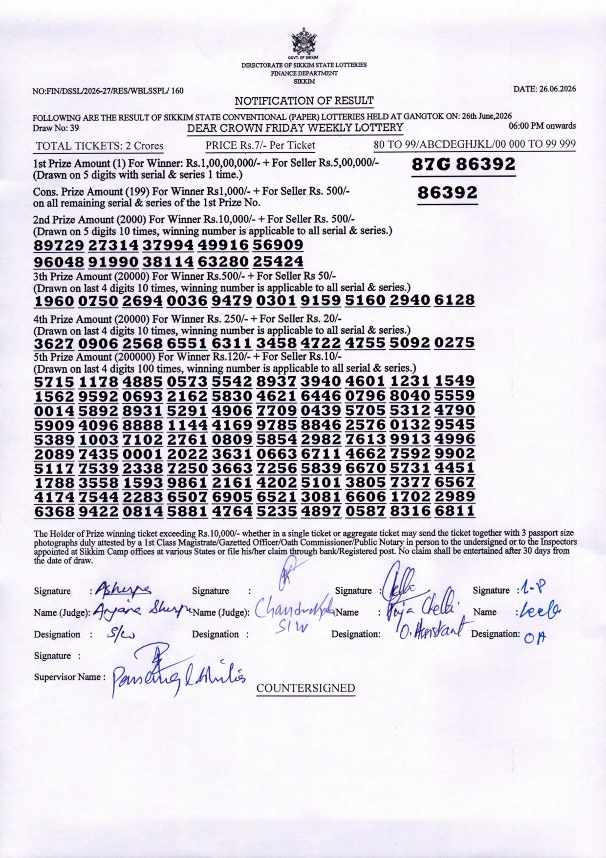 Dear Lottery result sheet 6:00 PM 26-06-2026