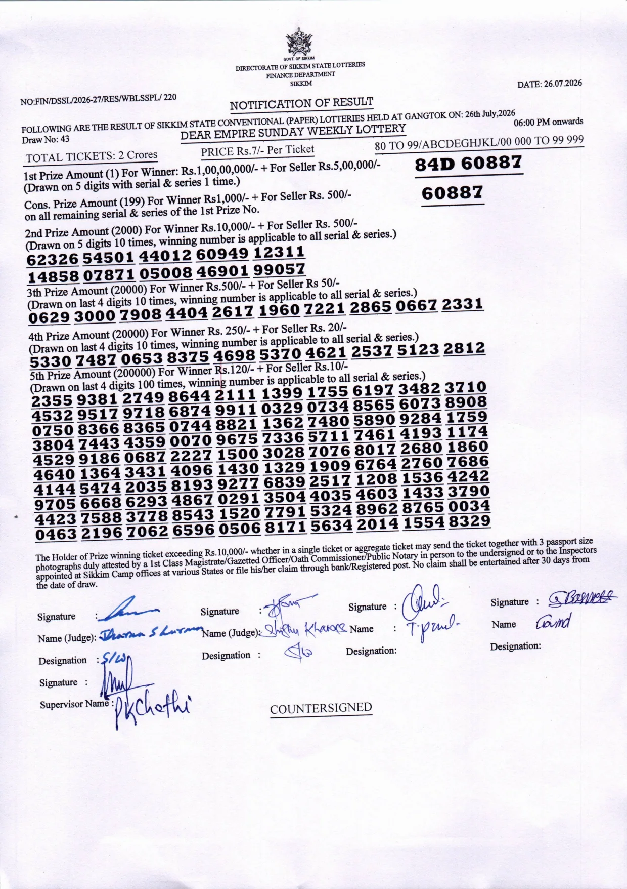 Dear Lottery result sheet 6:00 PM 26-07-2026