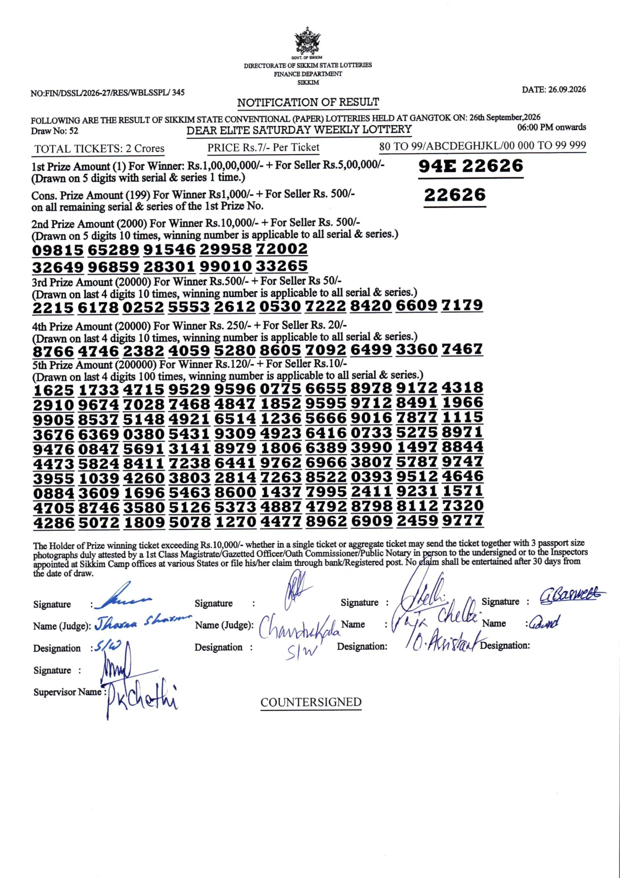 Dear Lottery result sheet 6:00 PM 26-09-2026