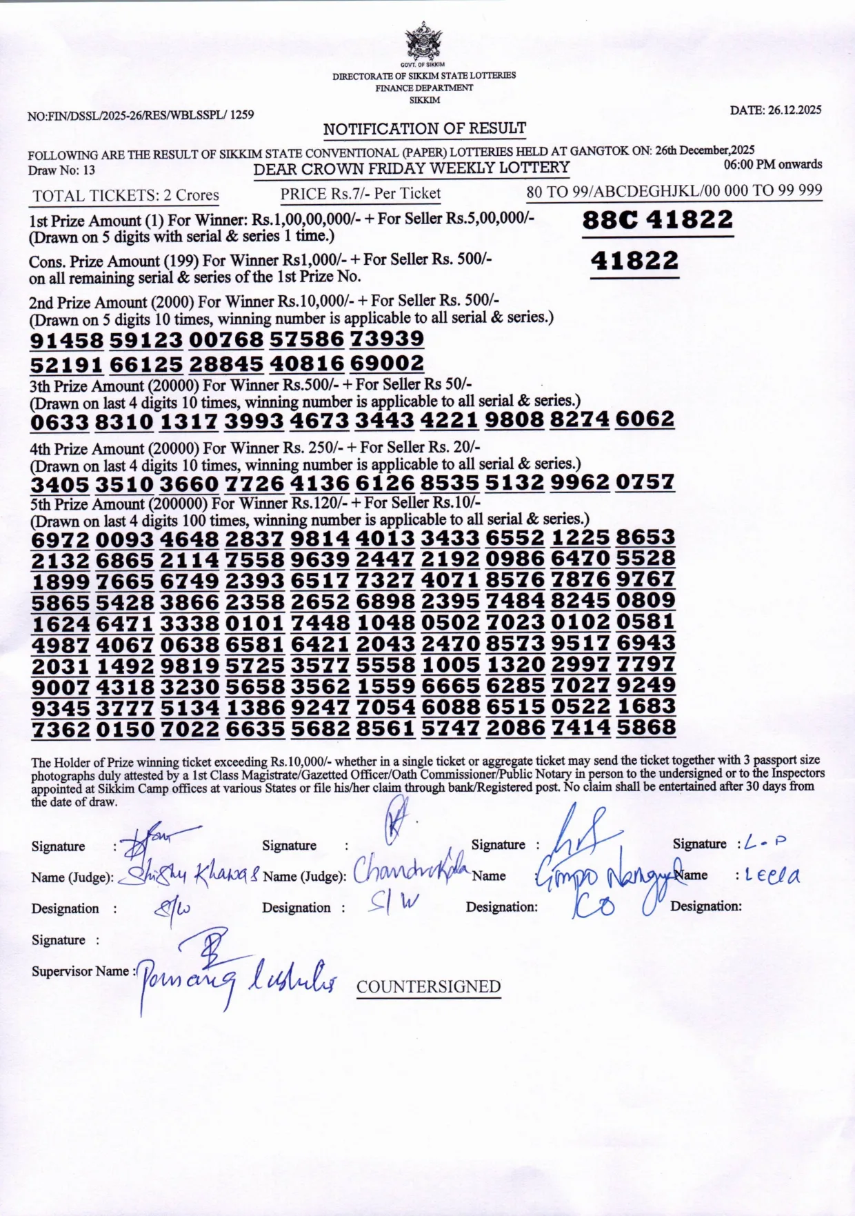 Dear Lottery result sheet 6:00 PM 26-12-2025