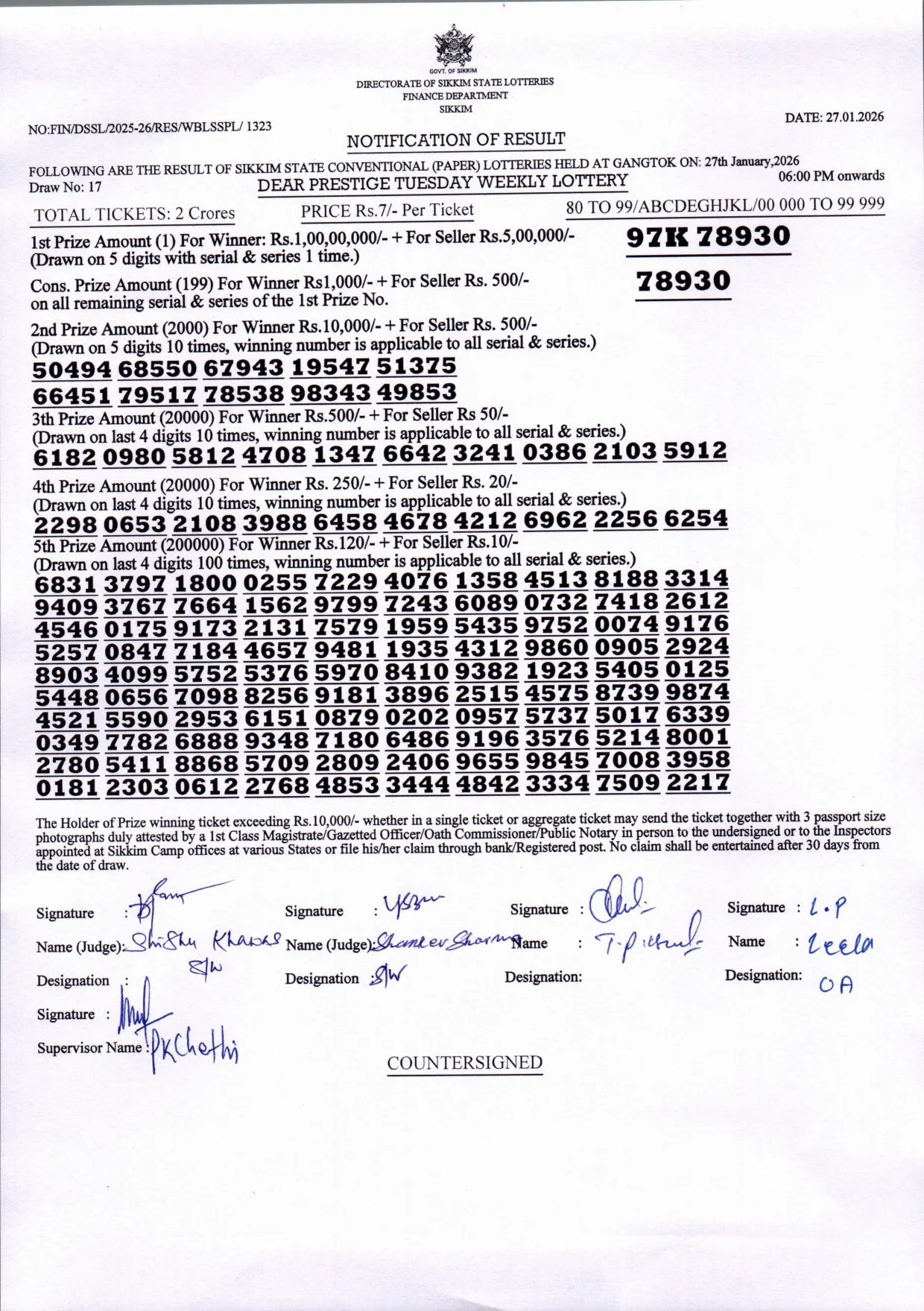Dear Lottery result sheet 6:00 PM 27-01-2026