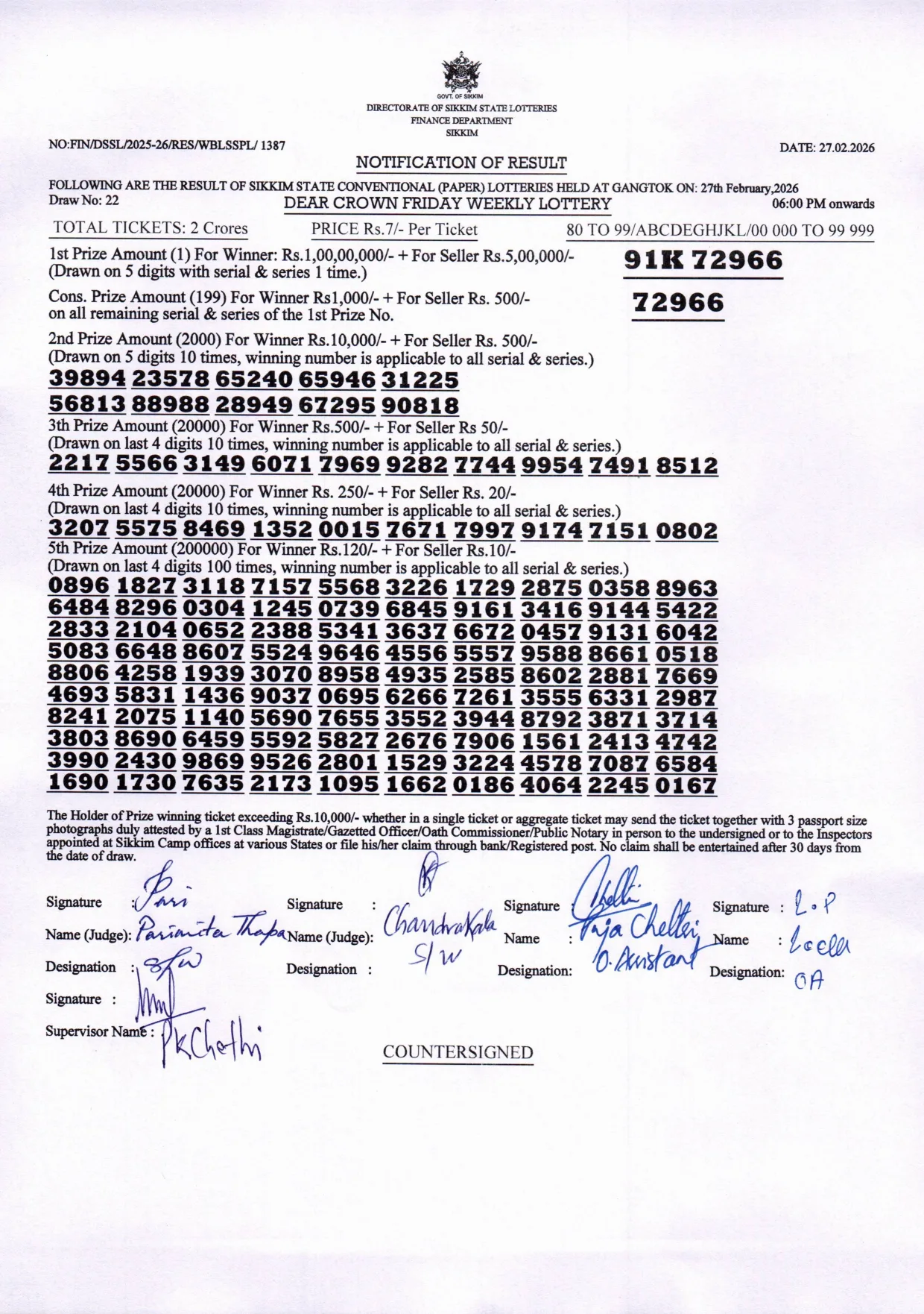 Dear Lottery result sheet 6:00 PM 27-02-2026