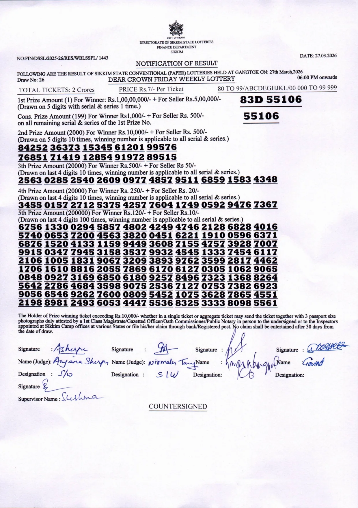 Dear Lottery result sheet 6:00 PM 27-03-2026