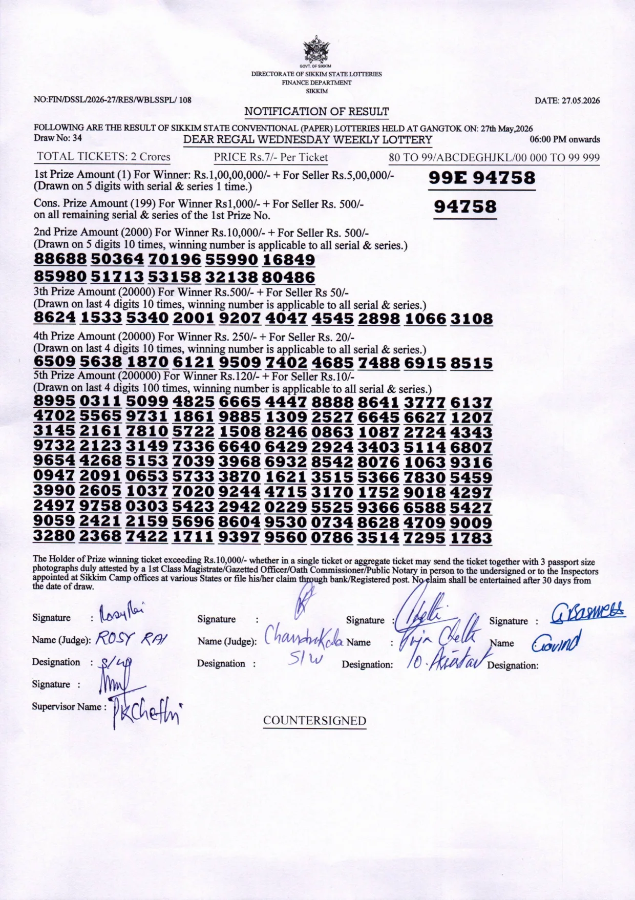 Dear Lottery result sheet 6:00 PM 27-05-2026