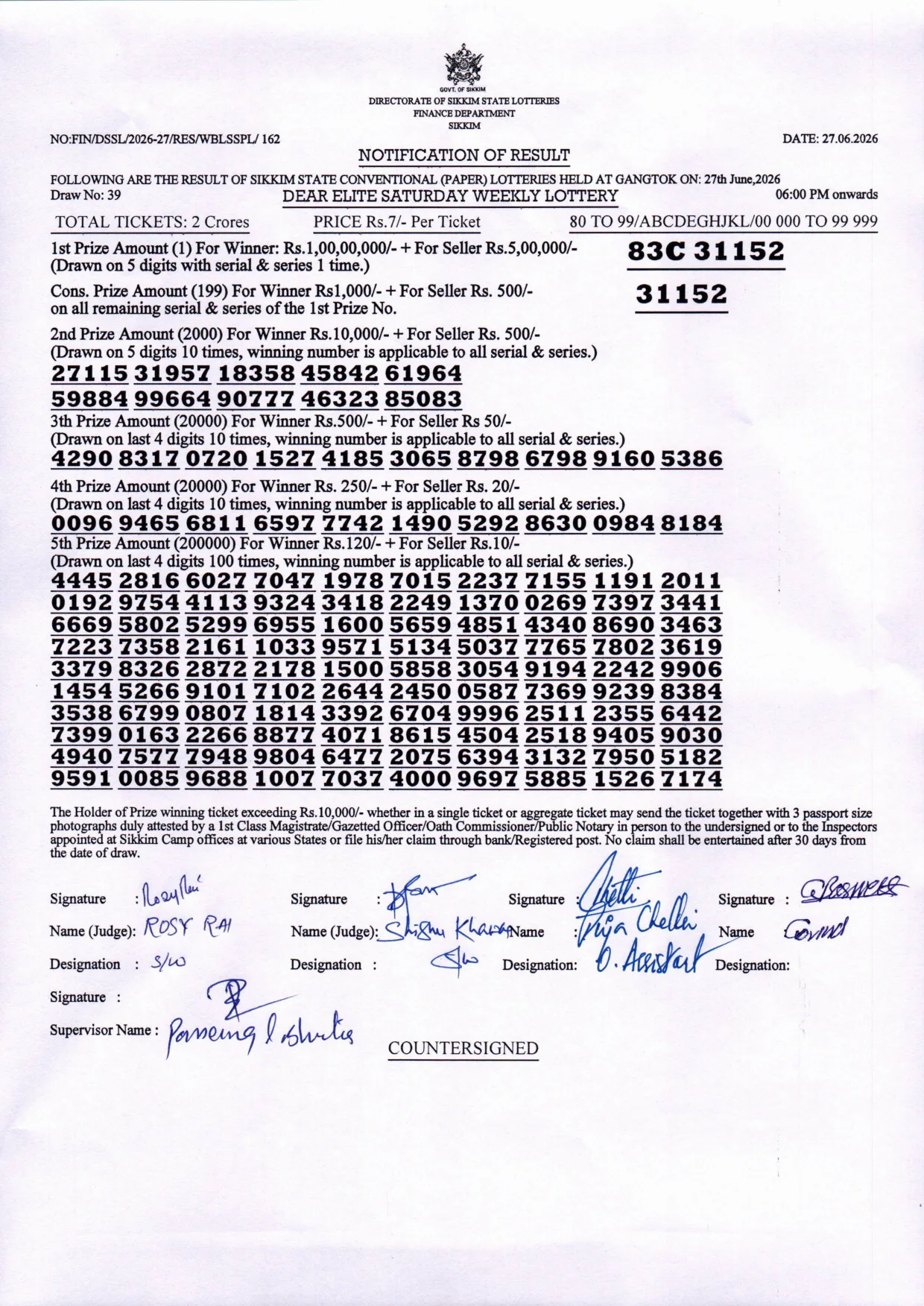 Dear Lottery result sheet 6:00 PM 27-06-2026