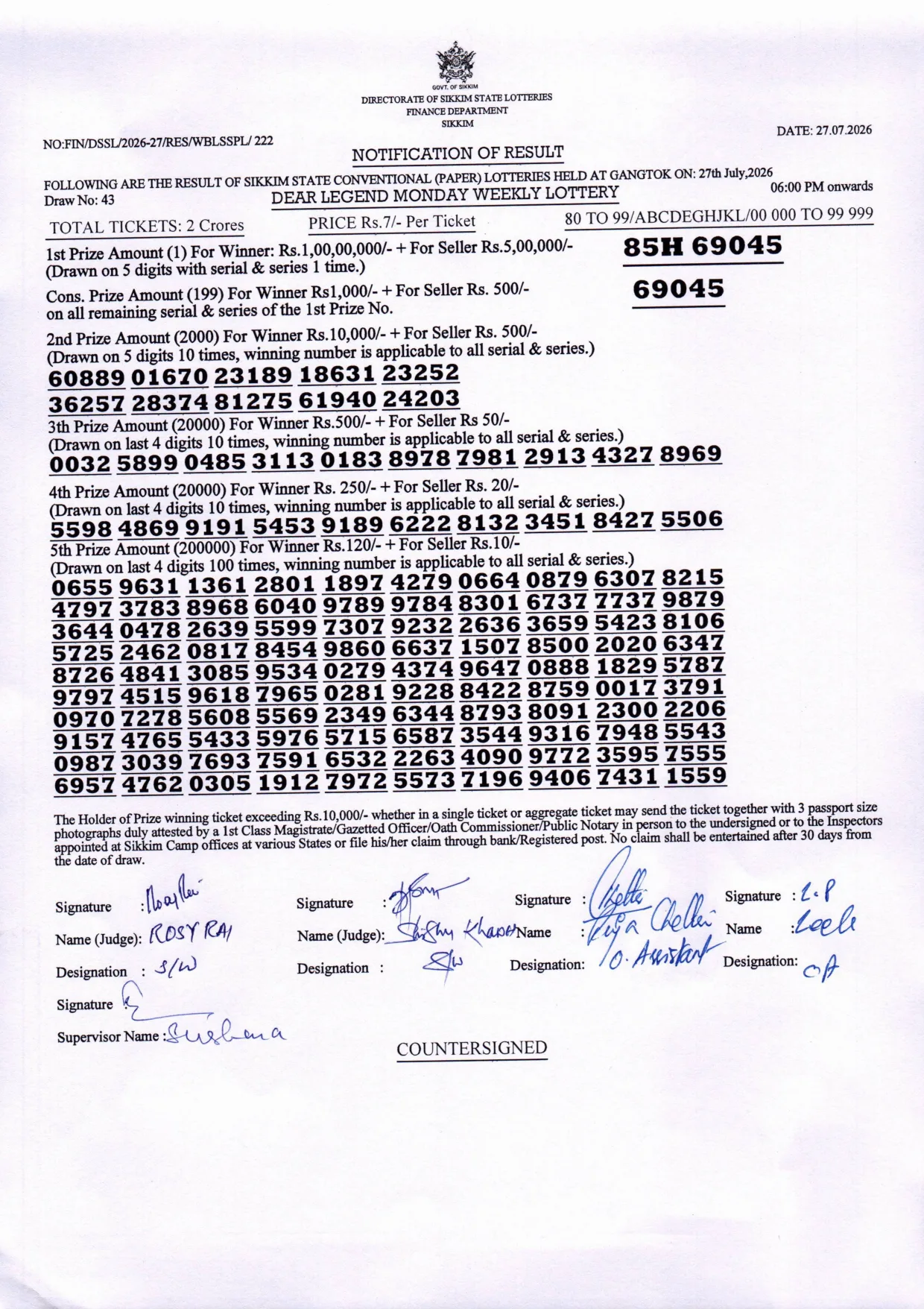 Dear Lottery result sheet 6:00 PM 27-07-2026