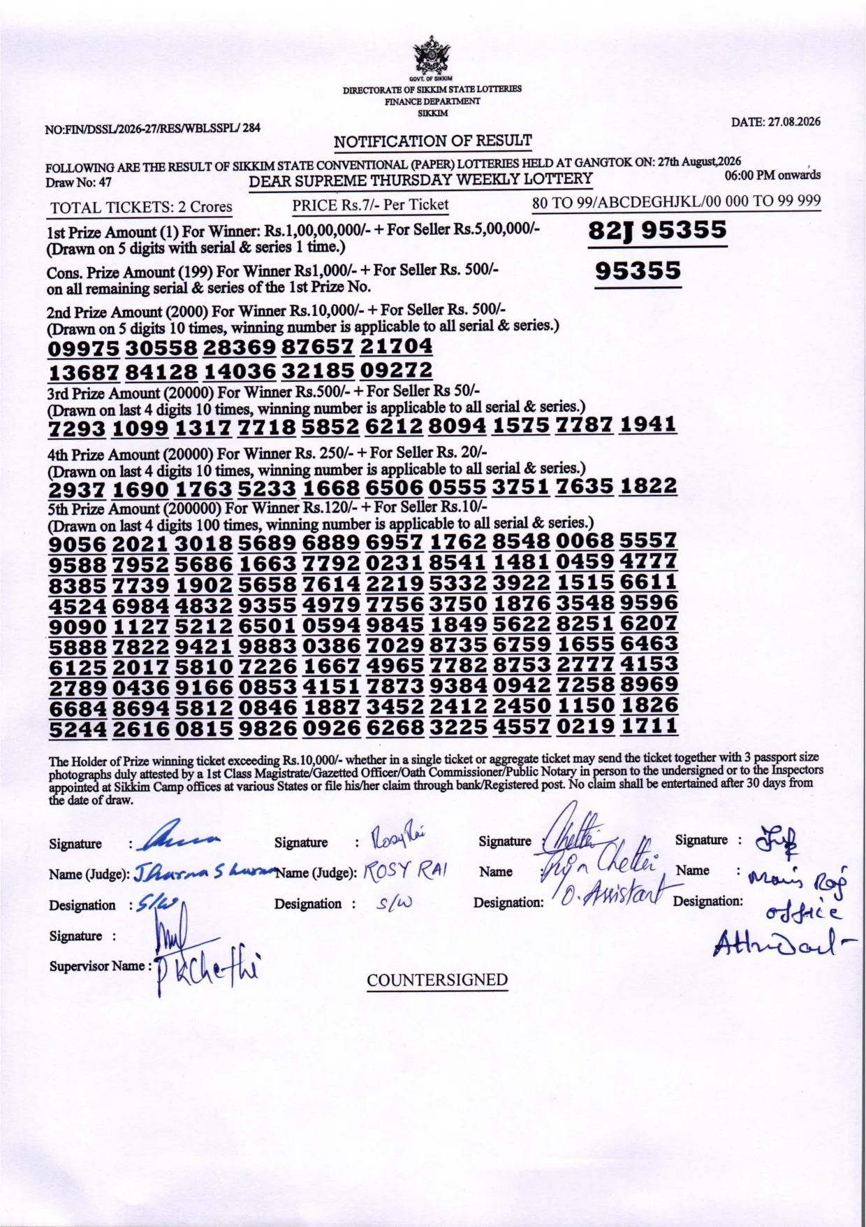 Dear Lottery result sheet 6:00 PM 27-08-2026
