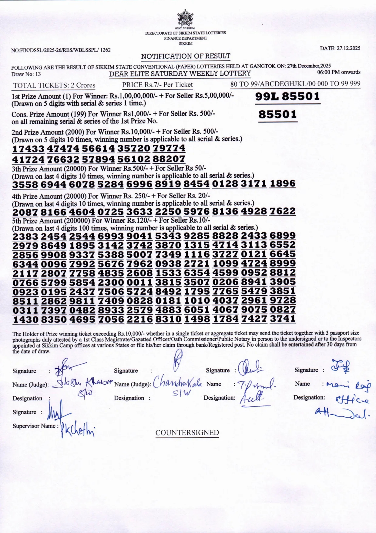 Dear Lottery result sheet 6:00 PM 27-12-2025