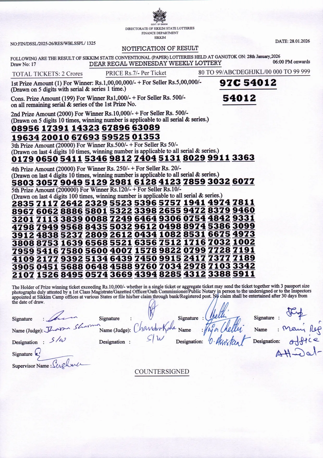 Dear Lottery result sheet 6:00 PM 28-01-2026