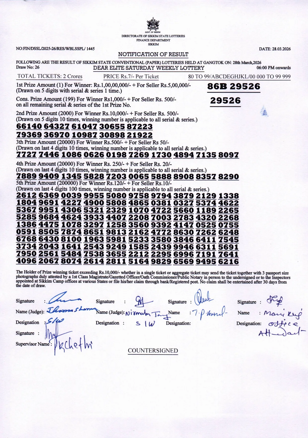 Dear Lottery result sheet 6:00 PM 28-03-2026