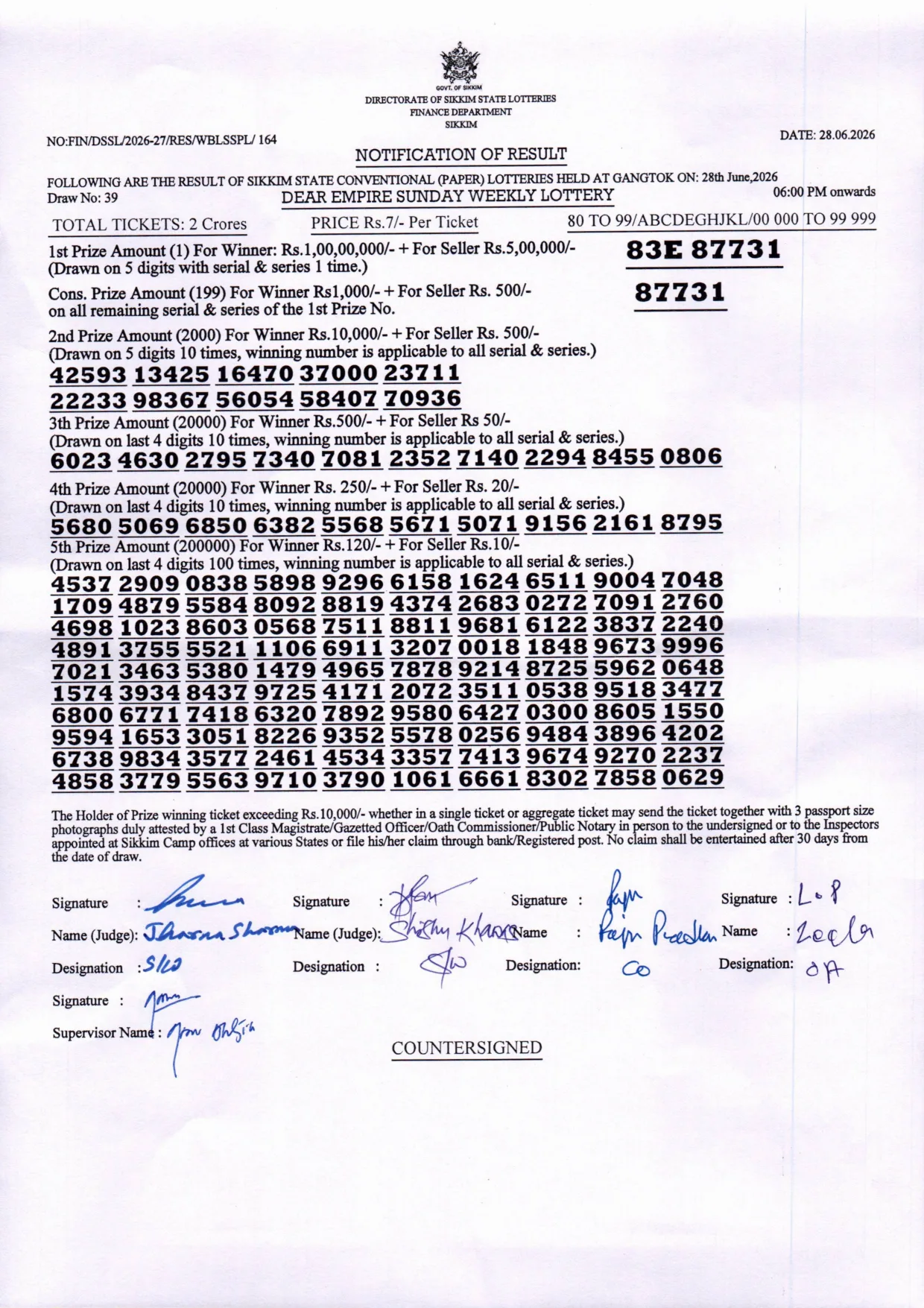 Dear Lottery result sheet 6:00 PM 28-06-2026
