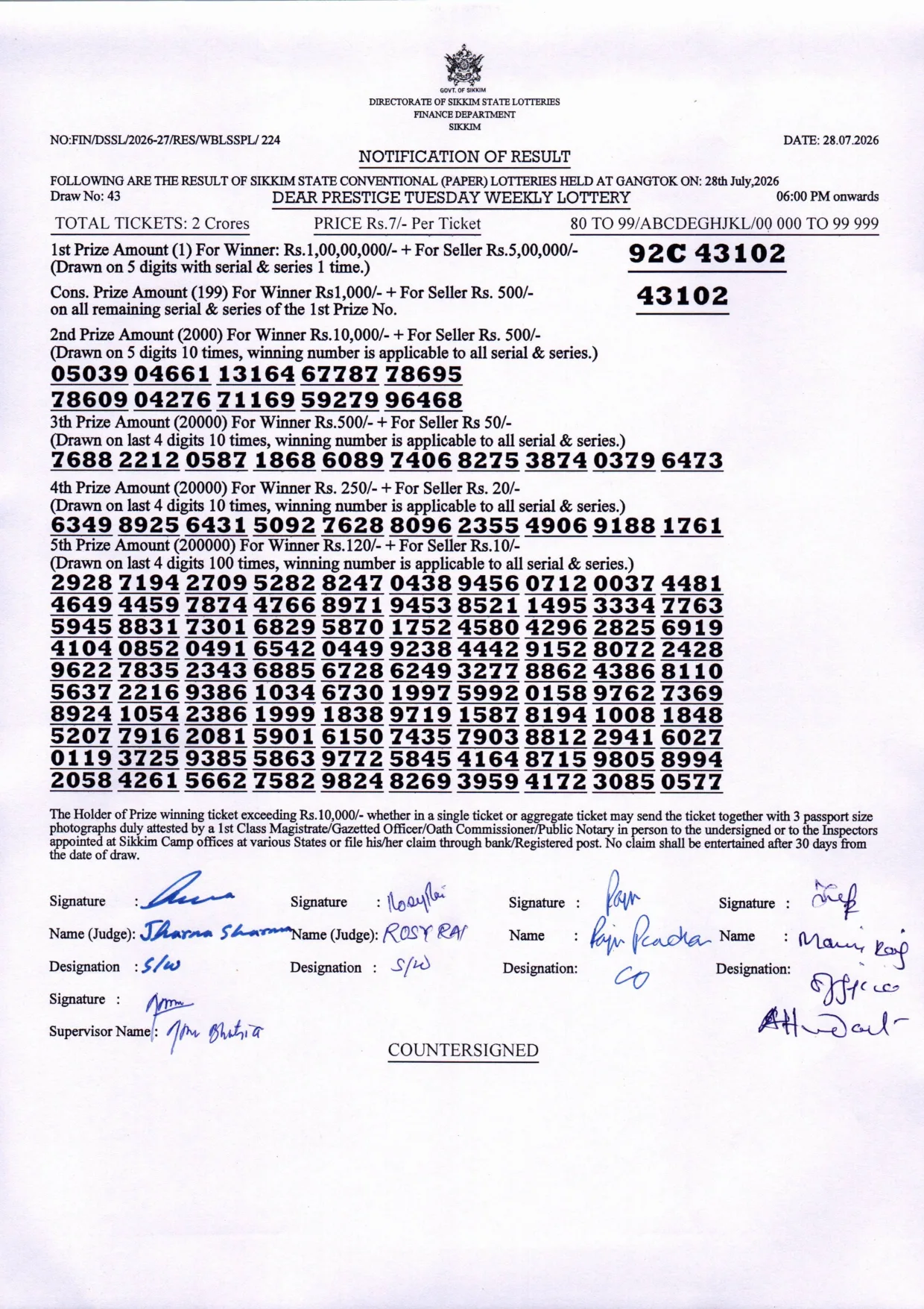 Dear Lottery result sheet 6:00 PM 28-07-2026
