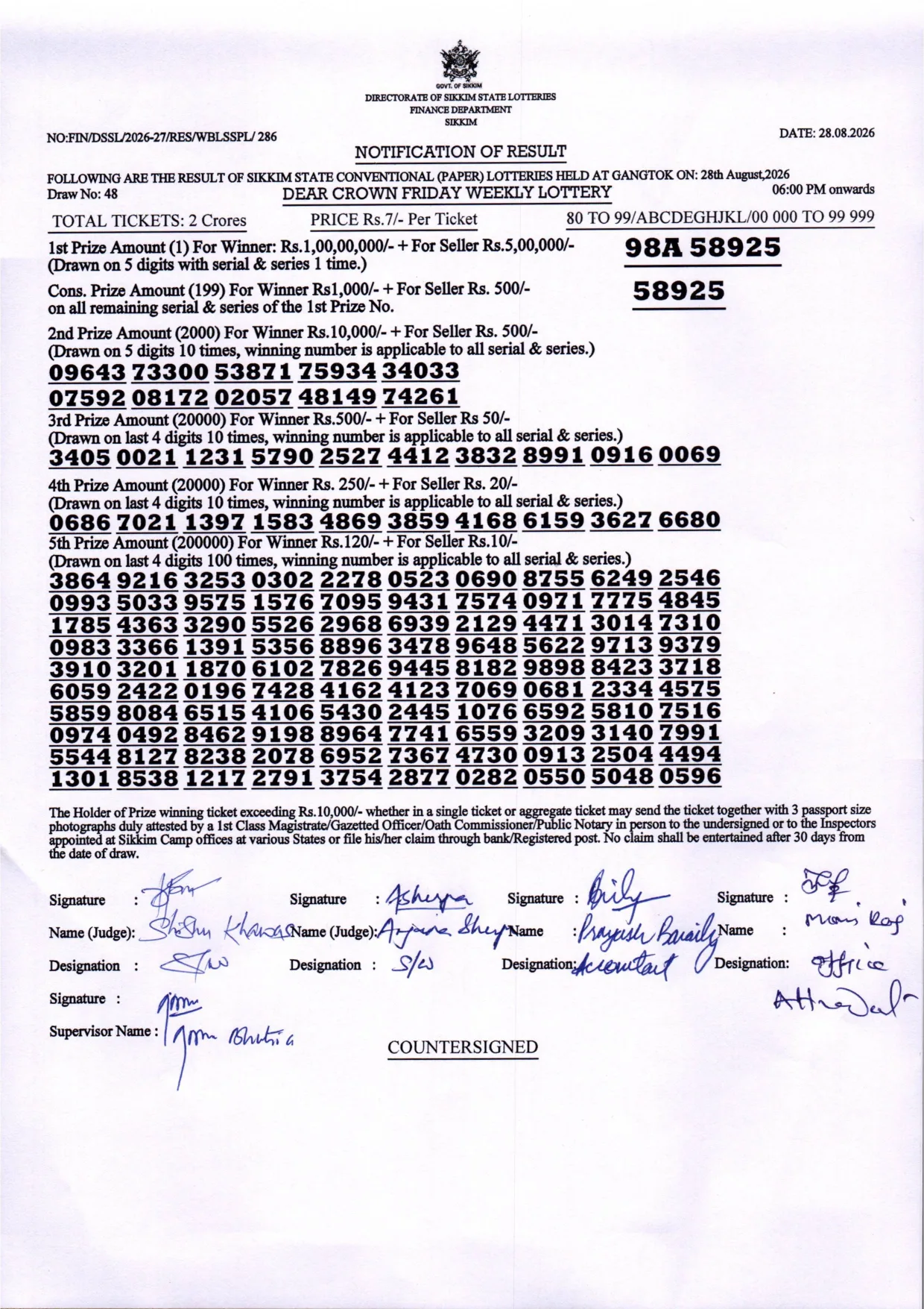 Dear Lottery result sheet 6:00 PM 28-08-2026