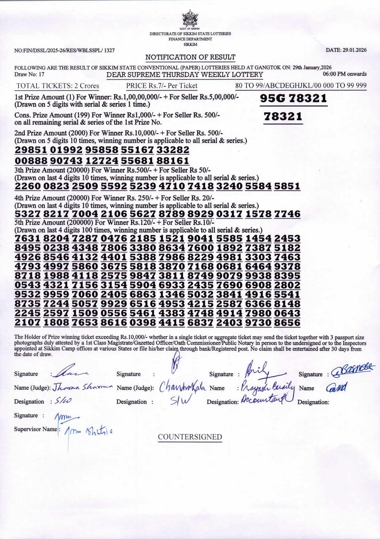 Dear Lottery result sheet 6:00 PM 29-01-2026