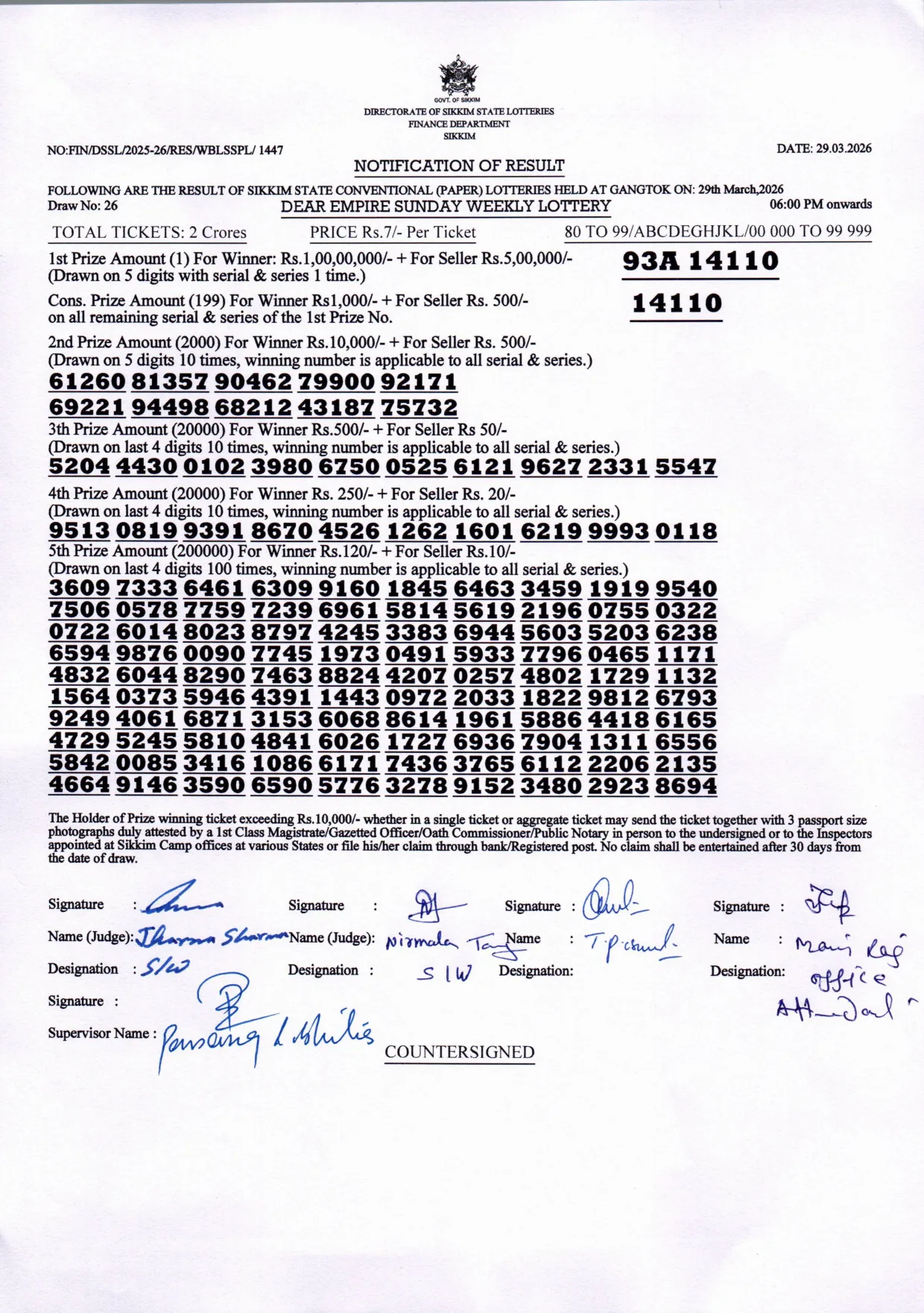 Dear Lottery result sheet 6:00 PM 29-03-2026