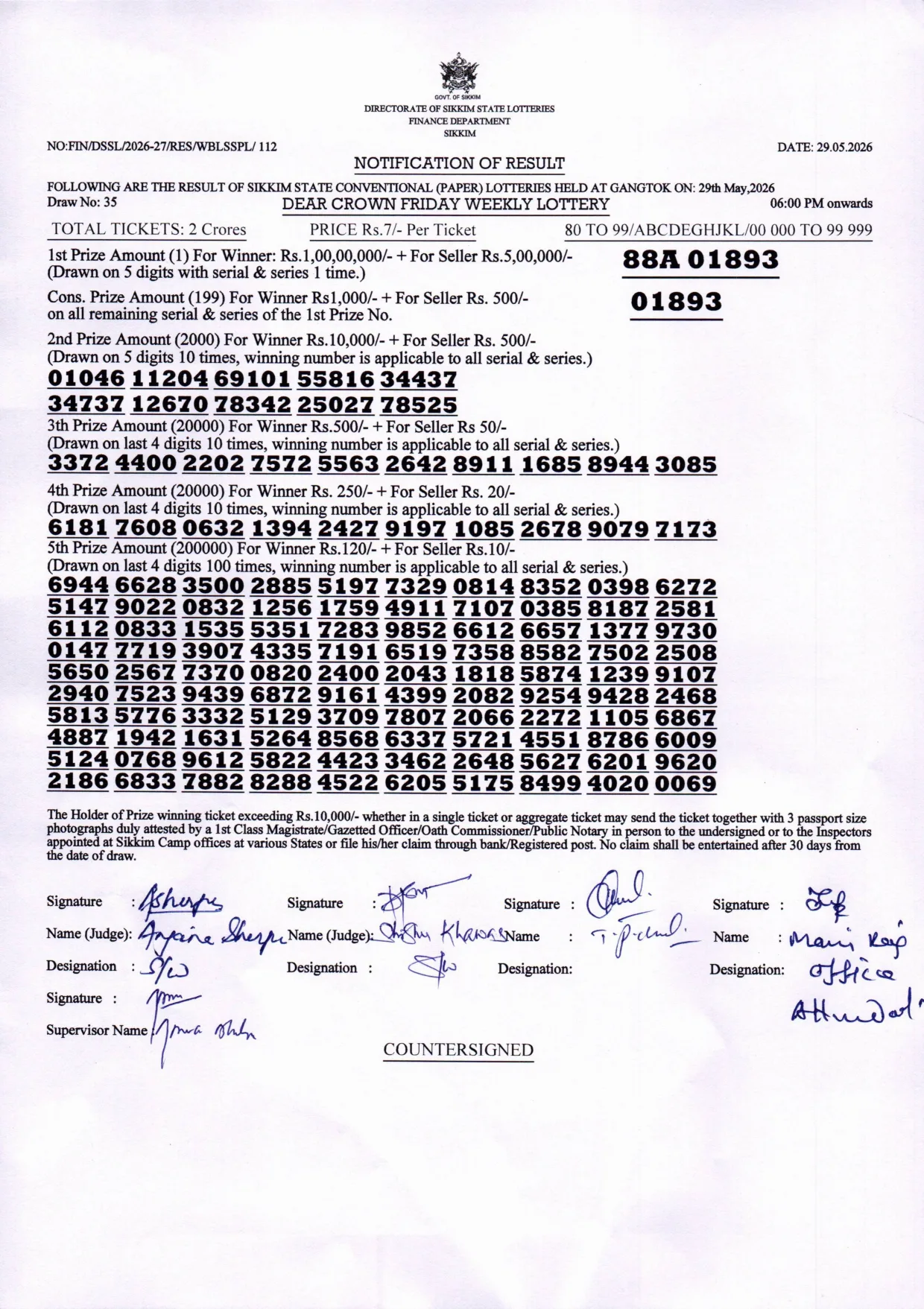 Dear Lottery result sheet 6:00 PM 29-05-2026