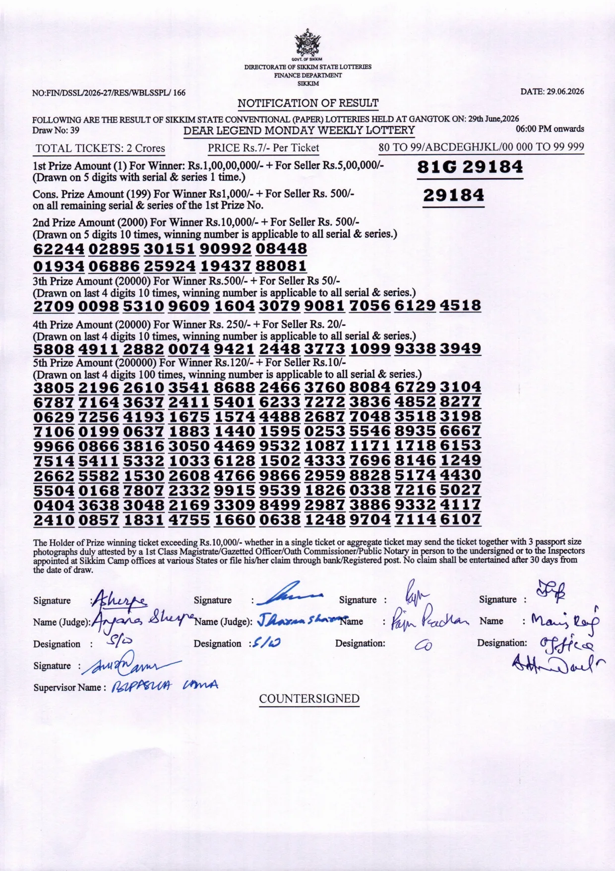 Dear Lottery result sheet 6:00 PM 29-06-2026