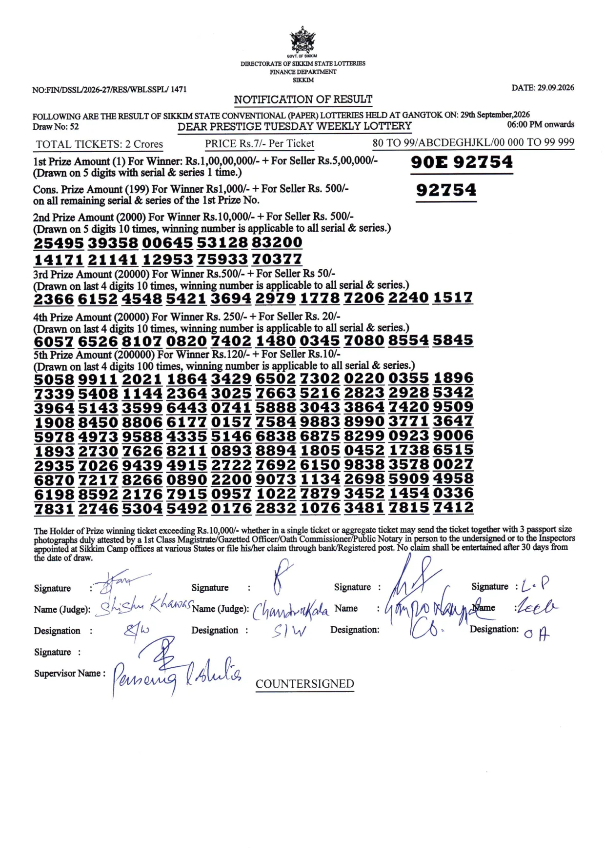 Dear Lottery result sheet 6:00 PM 29-09-2026