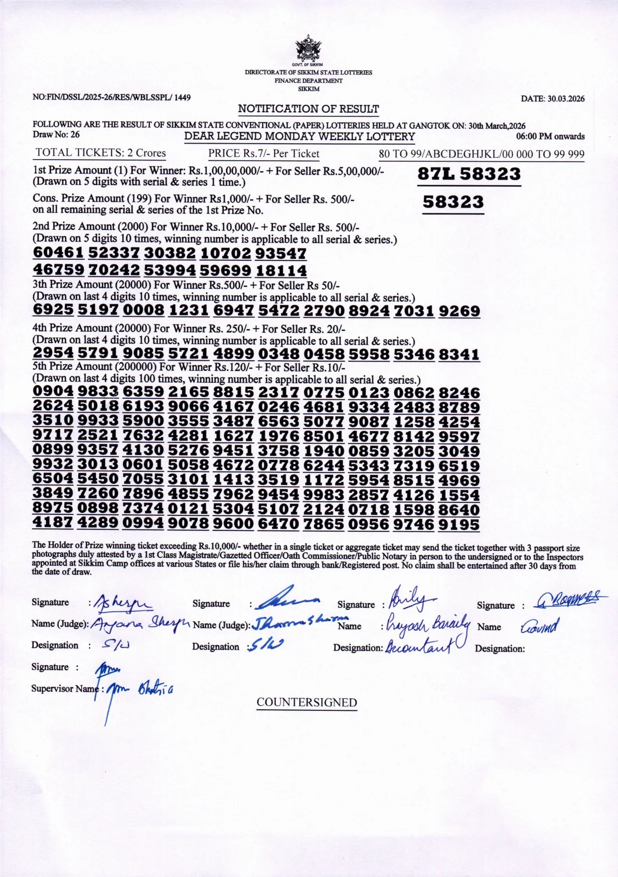 Dear Lottery result sheet 6:00 PM 30-03-2026