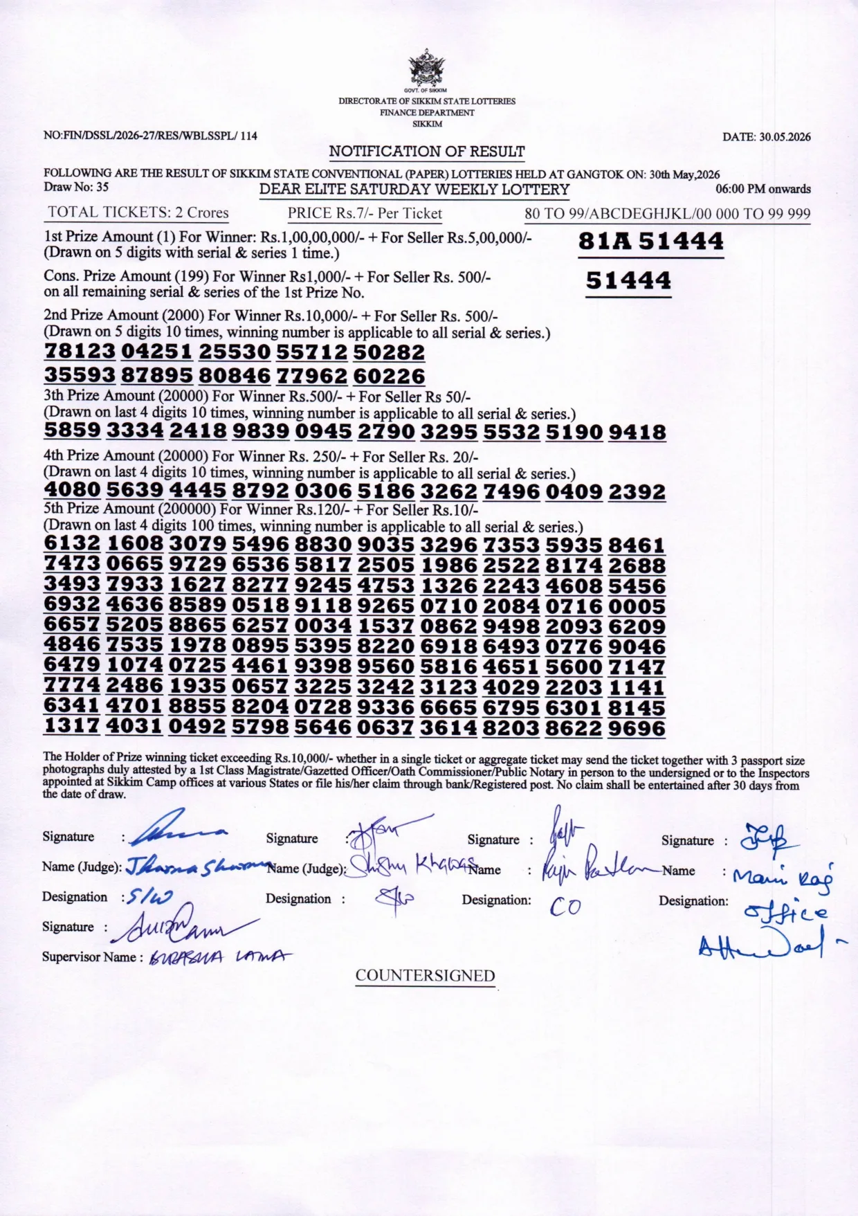 Dear Lottery result sheet 6:00 PM 30-05-2026