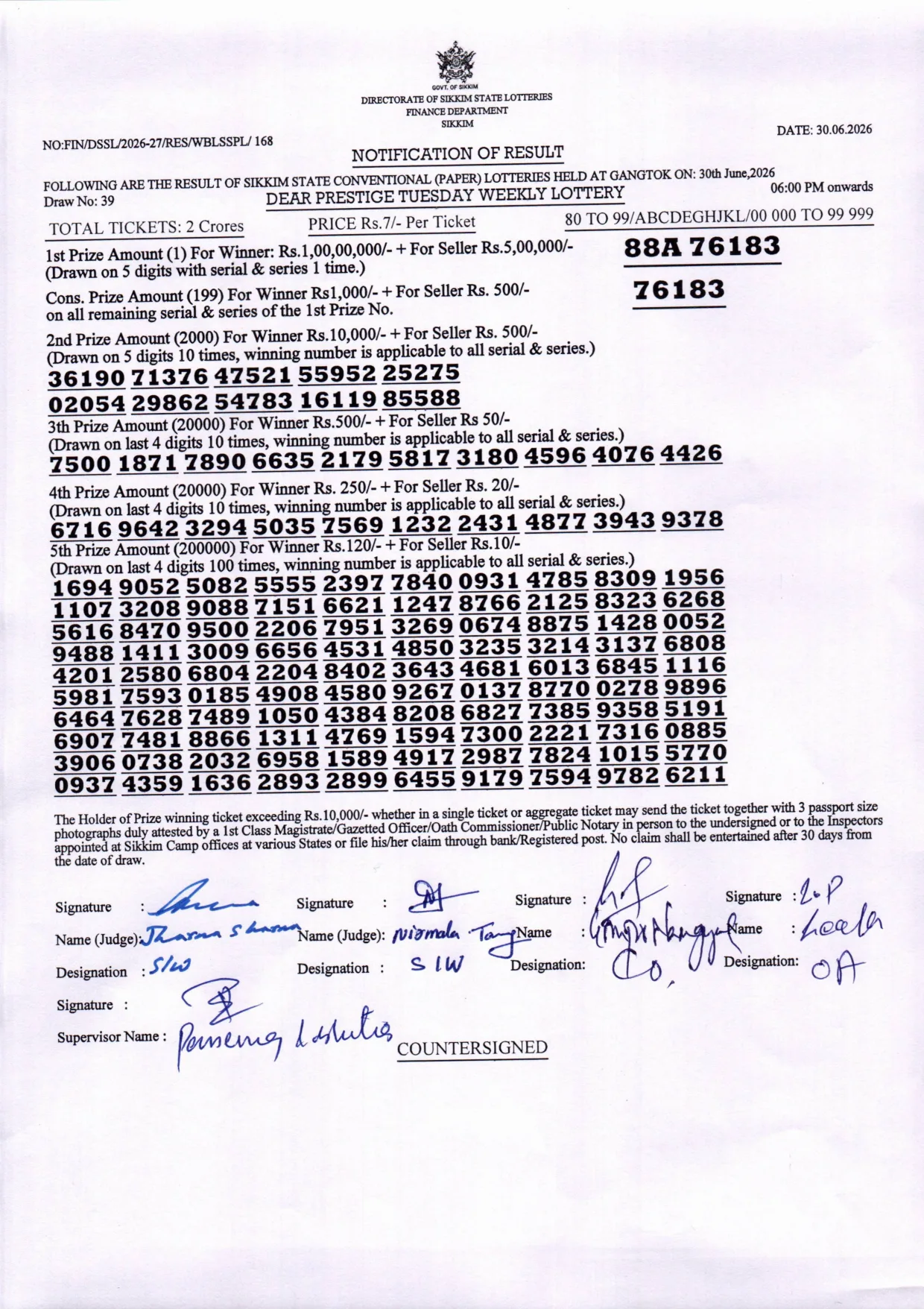 Dear Lottery result sheet 6:00 PM 30-06-2026
