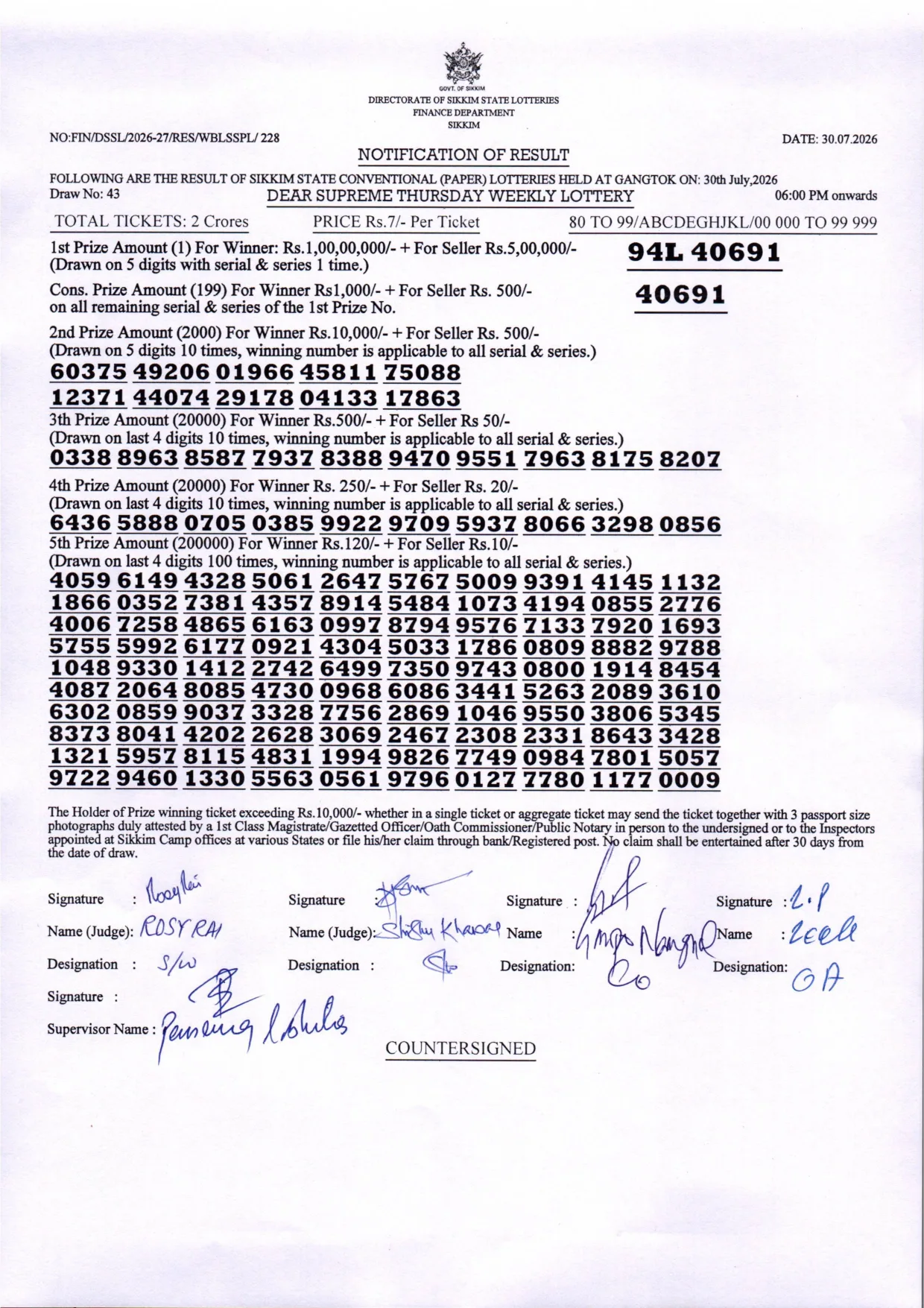 Dear Lottery result sheet 6:00 PM 30-07-2026