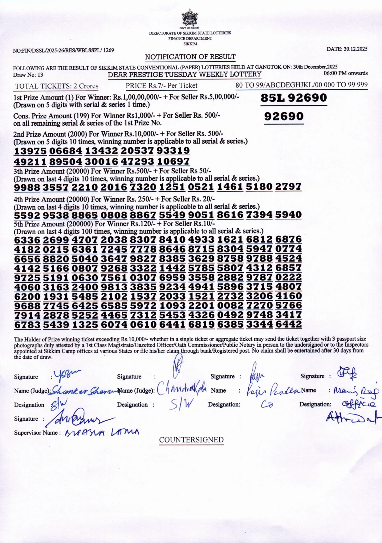 Dear Lottery result sheet 6:00 PM 30-12-2025