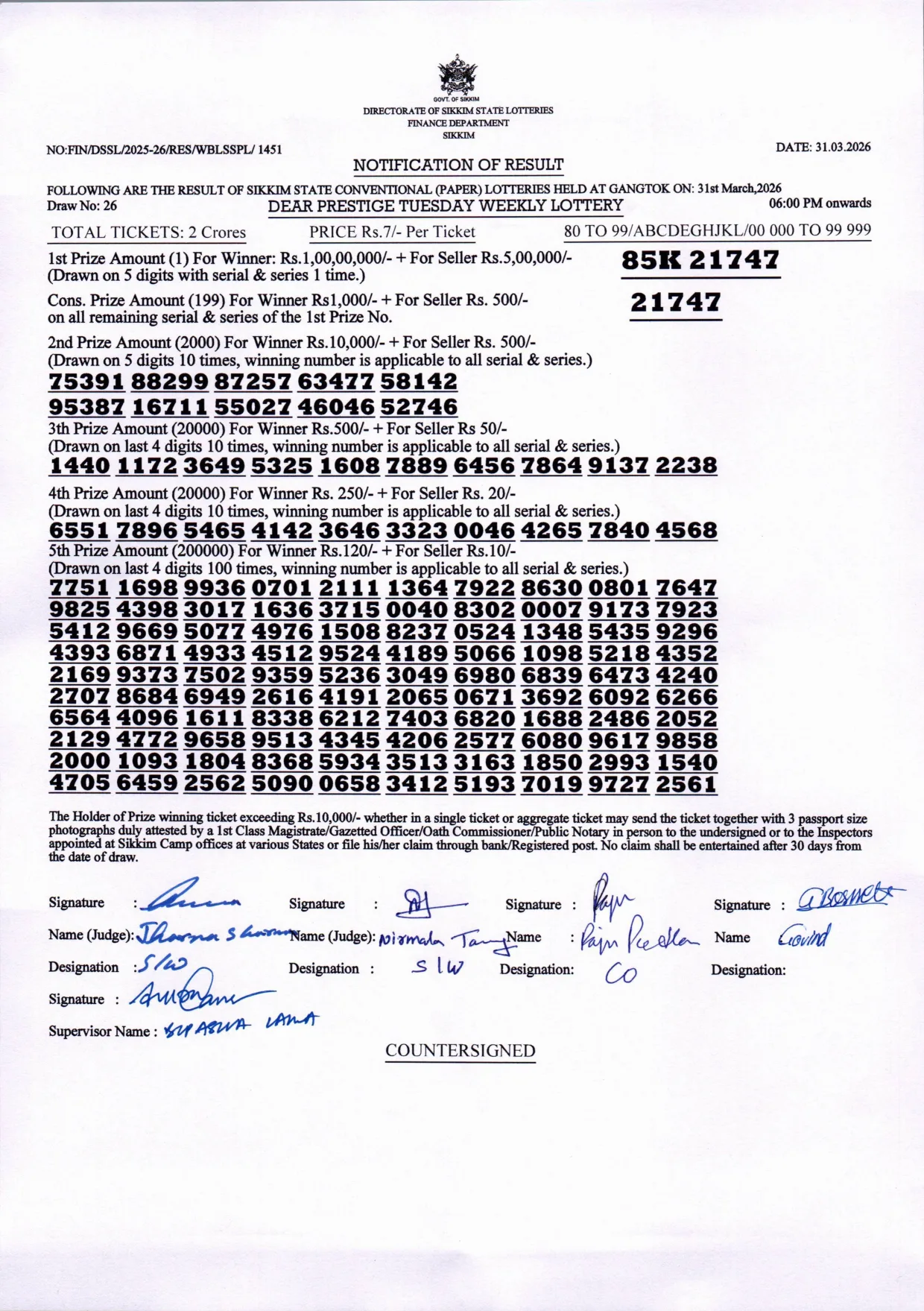 Dear Lottery result sheet 6:00 PM 31-03-2026