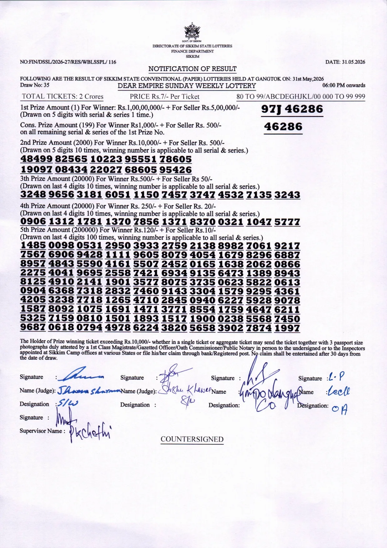 Dear Lottery result sheet 6:00 PM 31-05-2026