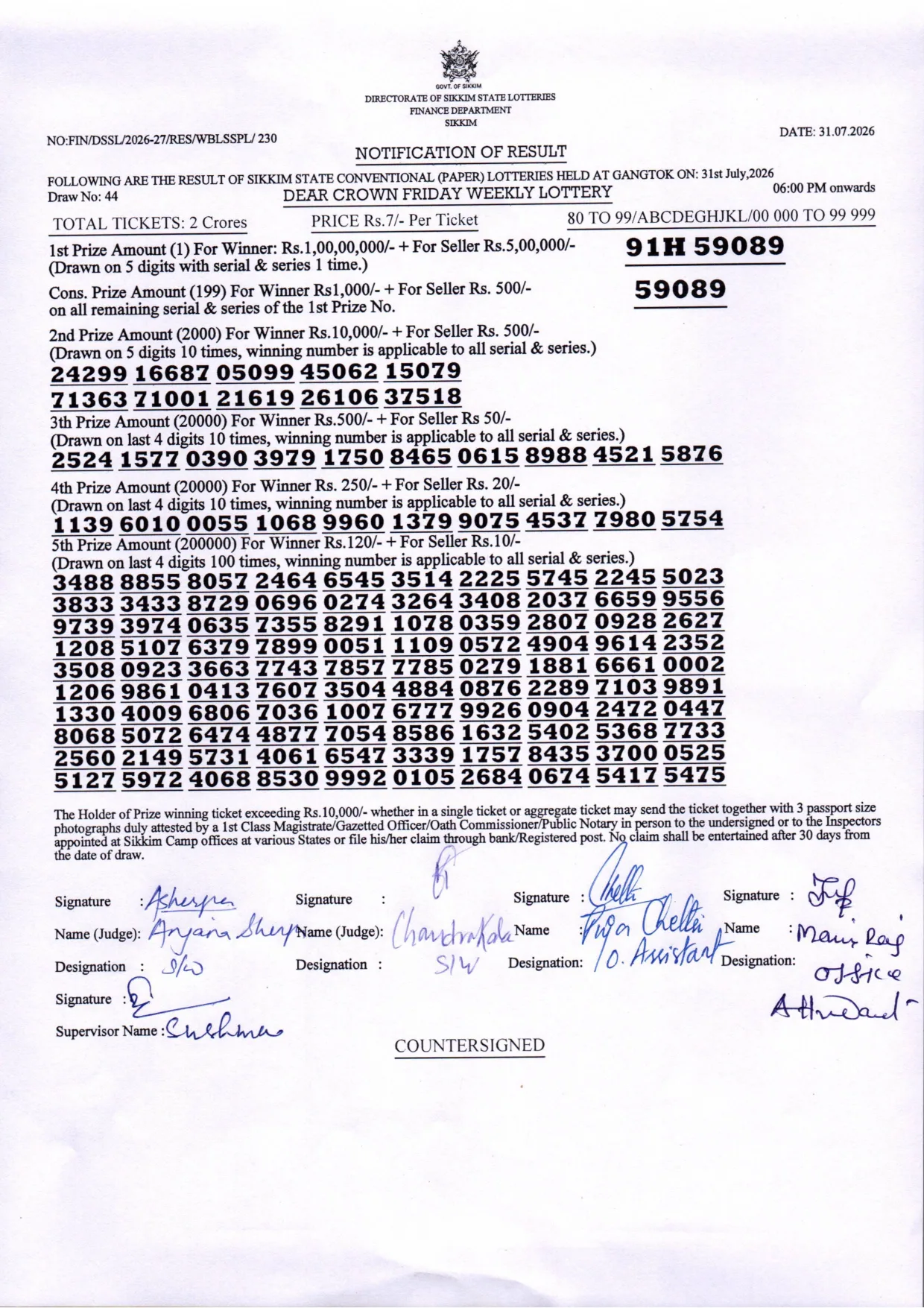 Dear Lottery result sheet 6:00 PM 31-07-2026