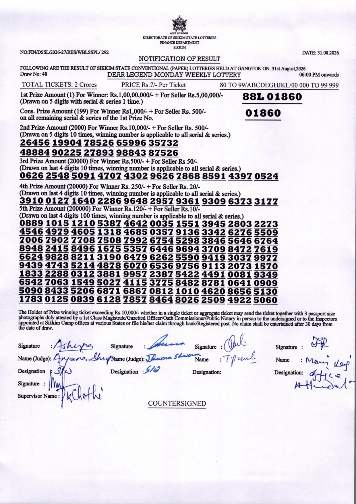 Dear Lottery result sheet 6:00 PM 31-08-2026