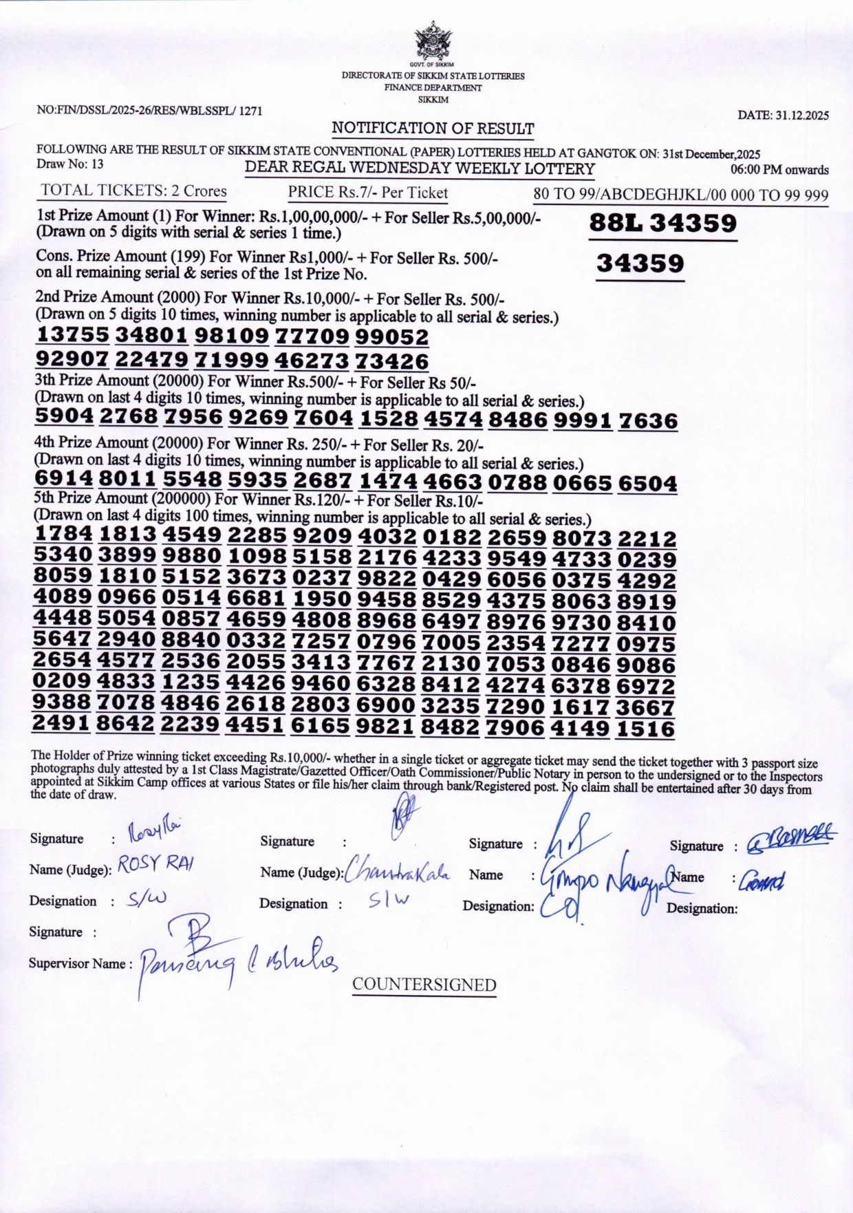 Dear Lottery result sheet 6:00 PM 31-12-2025