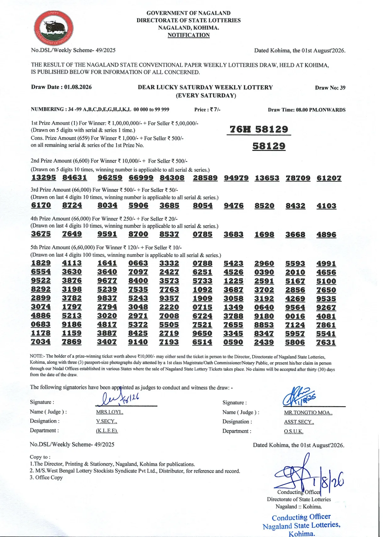 Dear Lottery result sheet 8:00 PM 01-08-2026