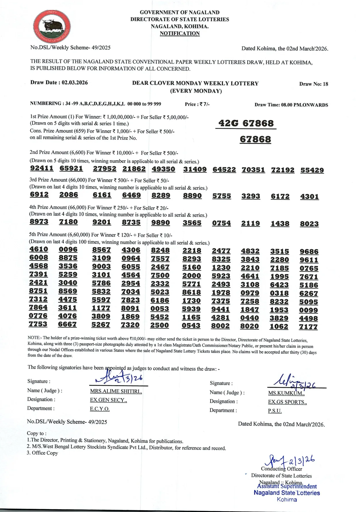 Dear Lottery result sheet 8:00 PM 02-03-2026