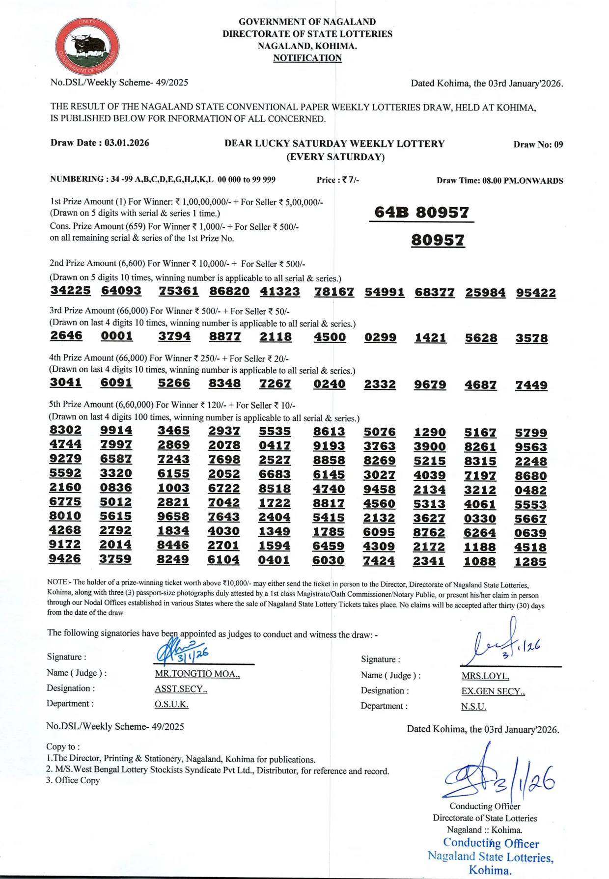 Dear Lottery result sheet 8:00 PM 03-01-2026